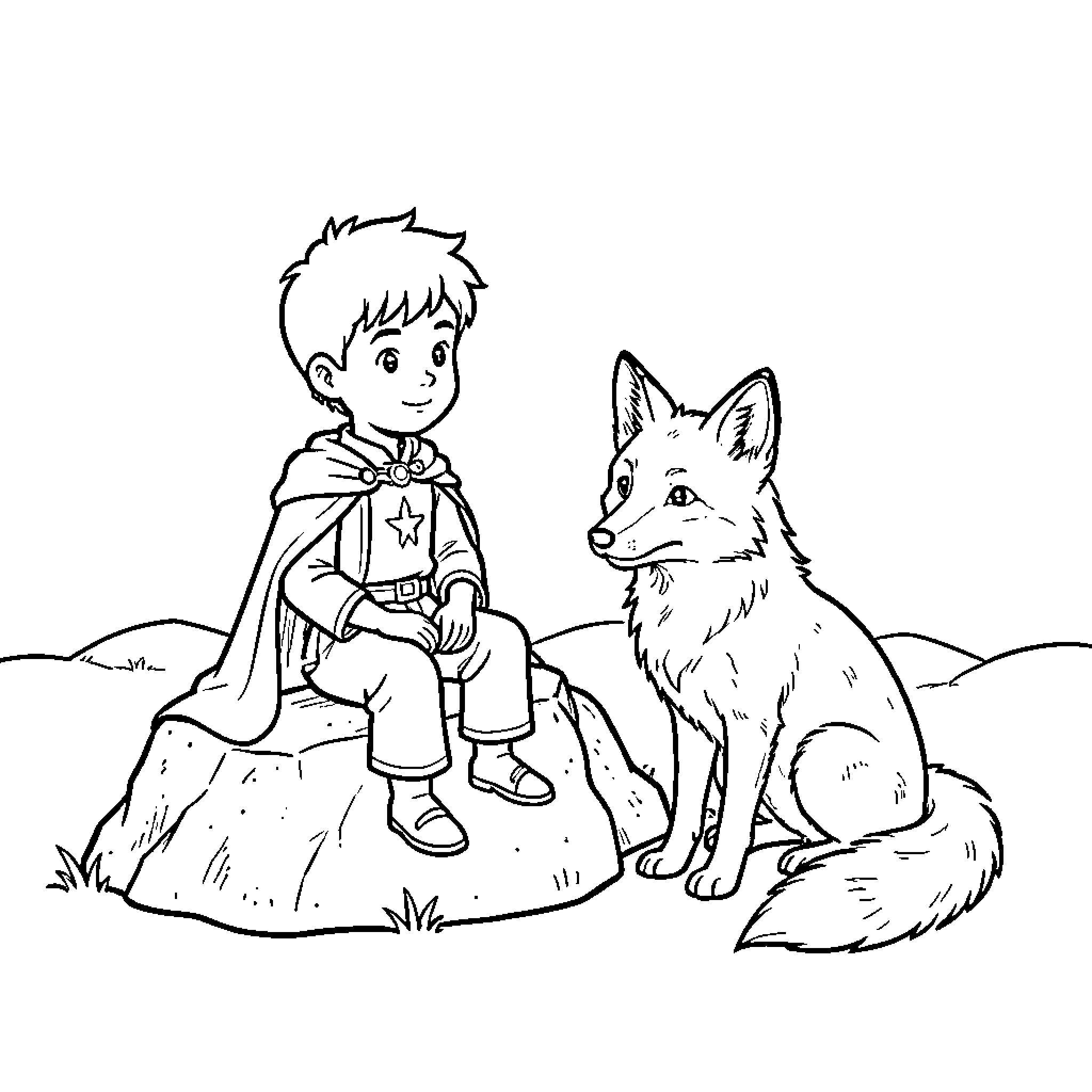 Prince sitting on a rock with a fox Coloring Page (free black-and-white line drawing printable PDF for all, from beginners to advanced learners, including children, teens, adults, and seniors)
