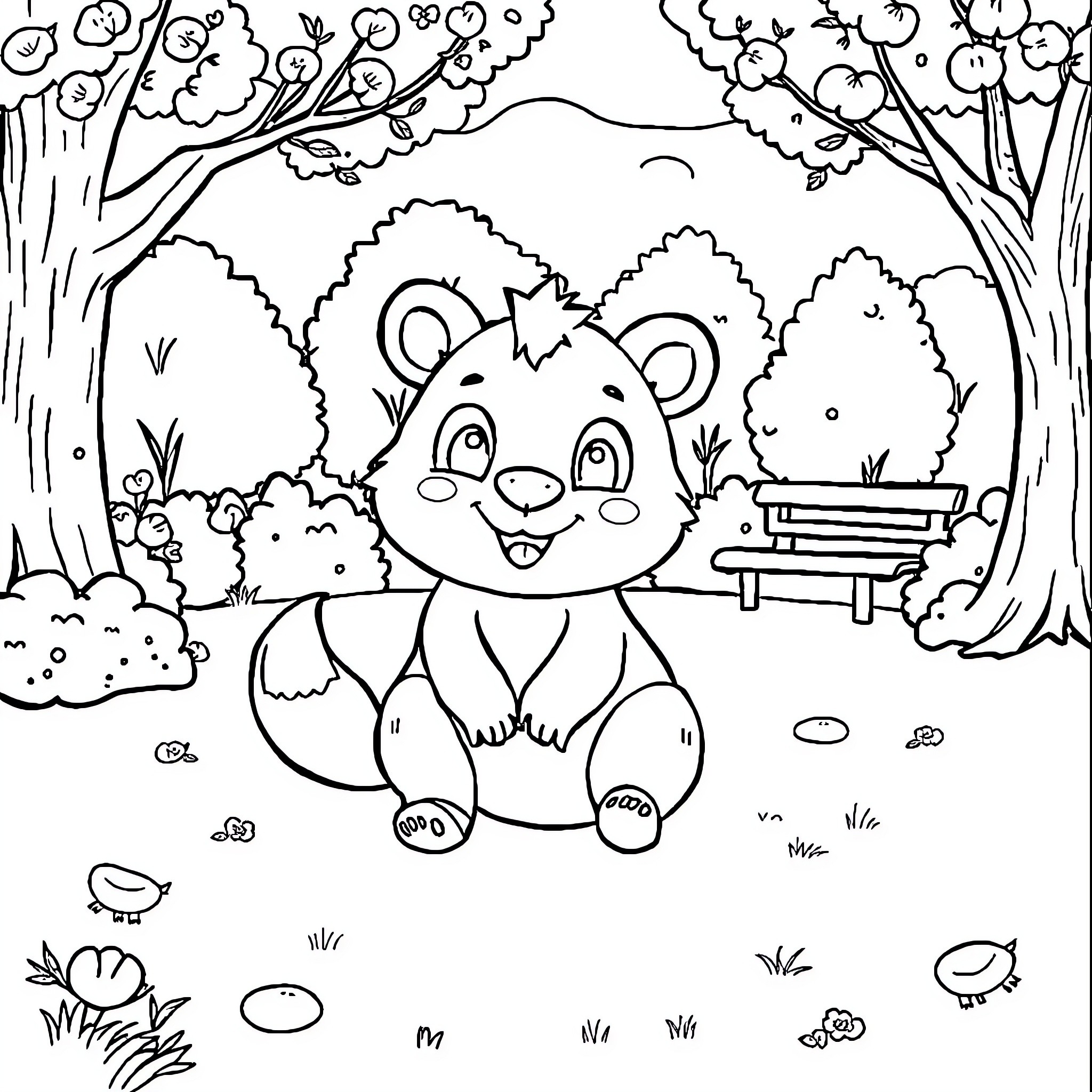 Animal playing happily in the forest Coloring Page (free black-and-white line drawing printable PDF for all, from beginners to advanced learners, including children, teens, adults, and seniors)