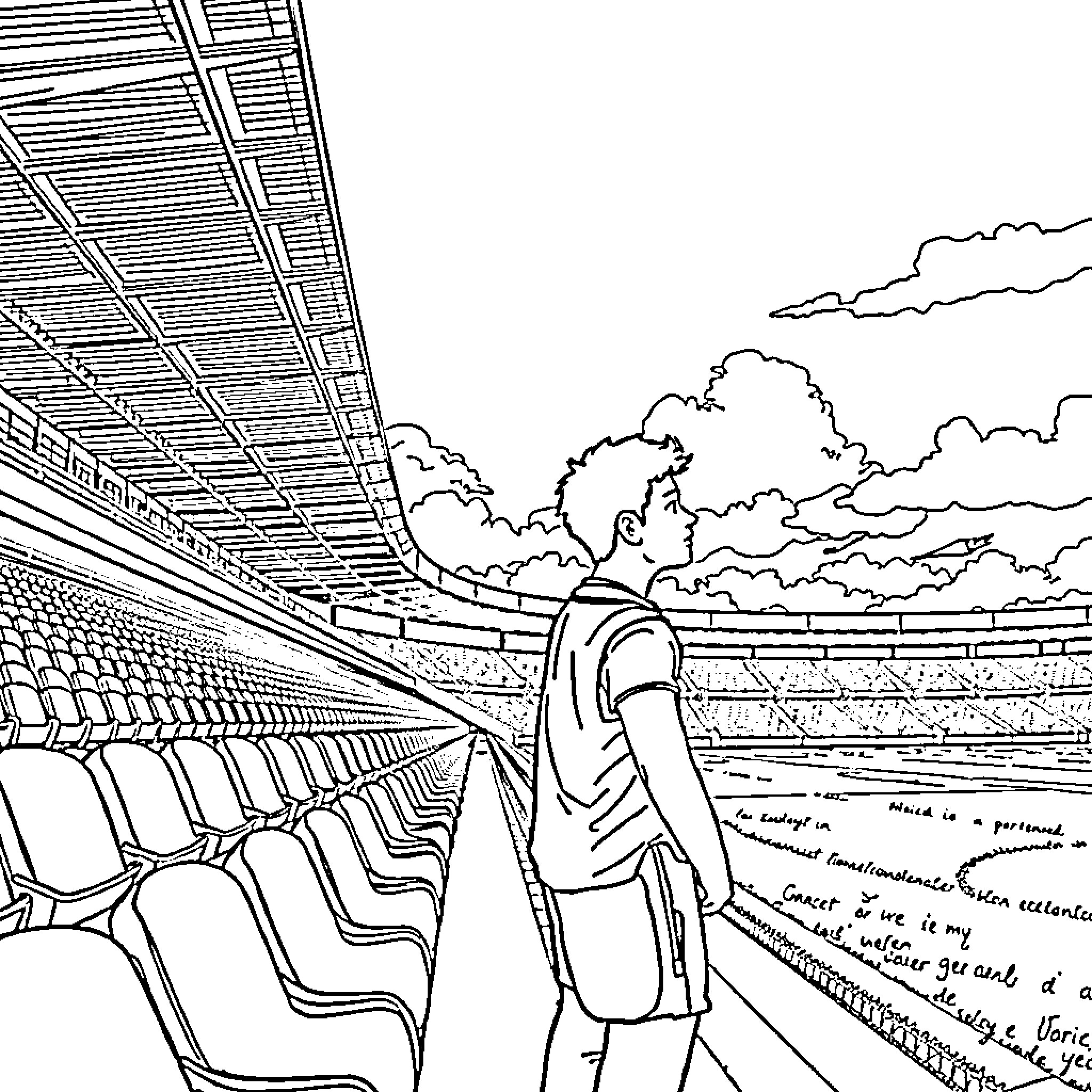 Mason Greenwood at the Stadium Coloring Page (free black-and-white line drawing printable PDF for all, from beginners to advanced learners, including children, teens, adults, and seniors)