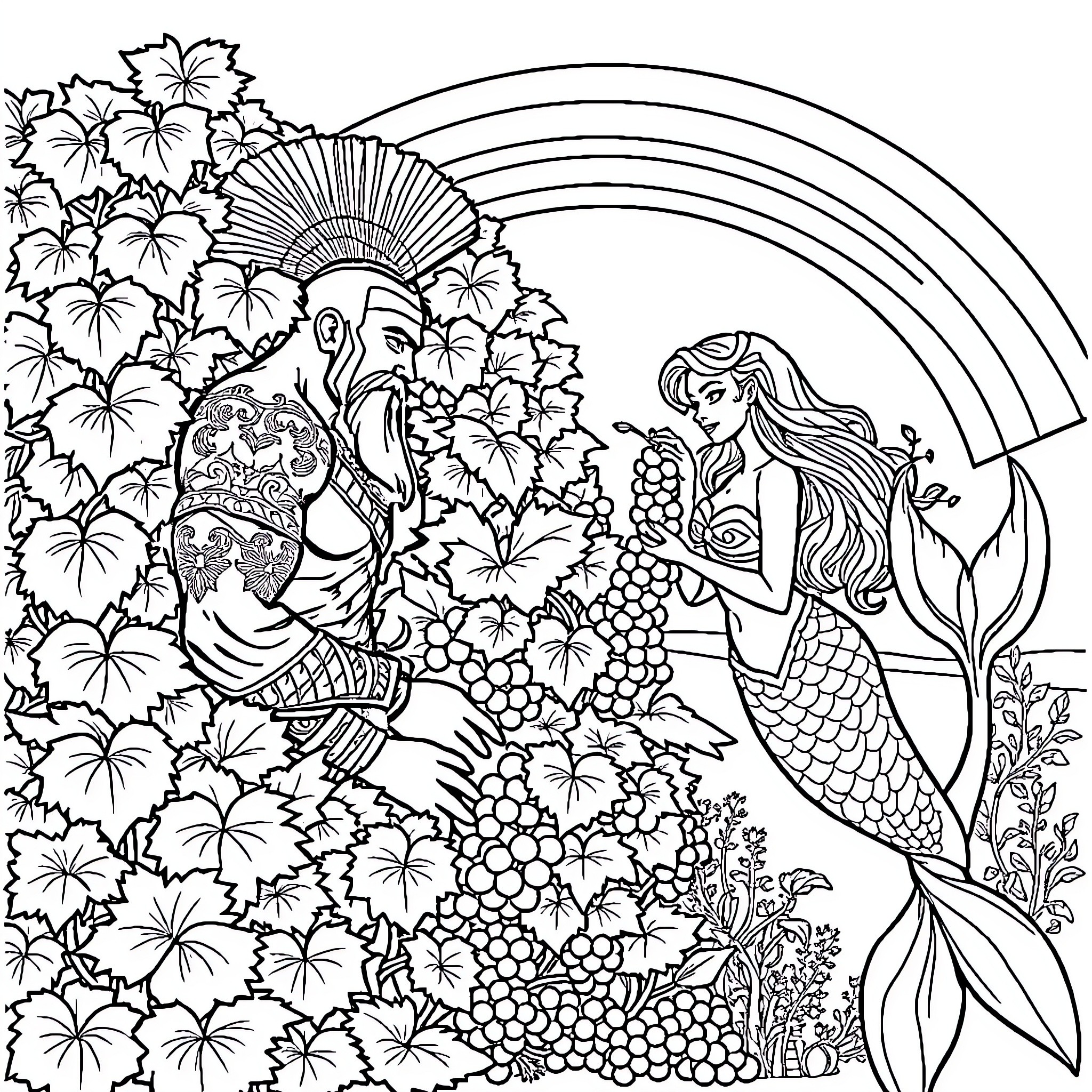 Gladiator Mermaids Battling in a Lush Underwater Garden Coloring Page (free black-and-white line drawing printable PDF for all, from beginners to advanced learners, including children, teens, adults, and seniors)