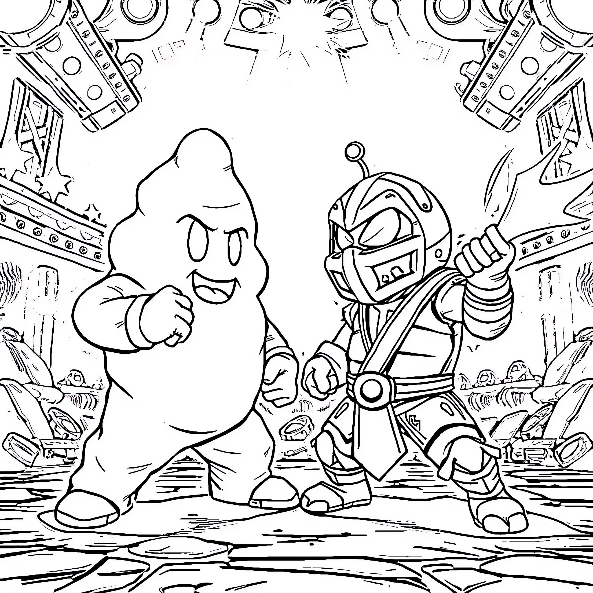 Doughman facing off against a robotic foe Coloring Page (free black-and-white line drawing printable PDF for all, from beginners to advanced learners, including children, teens, adults, and seniors)