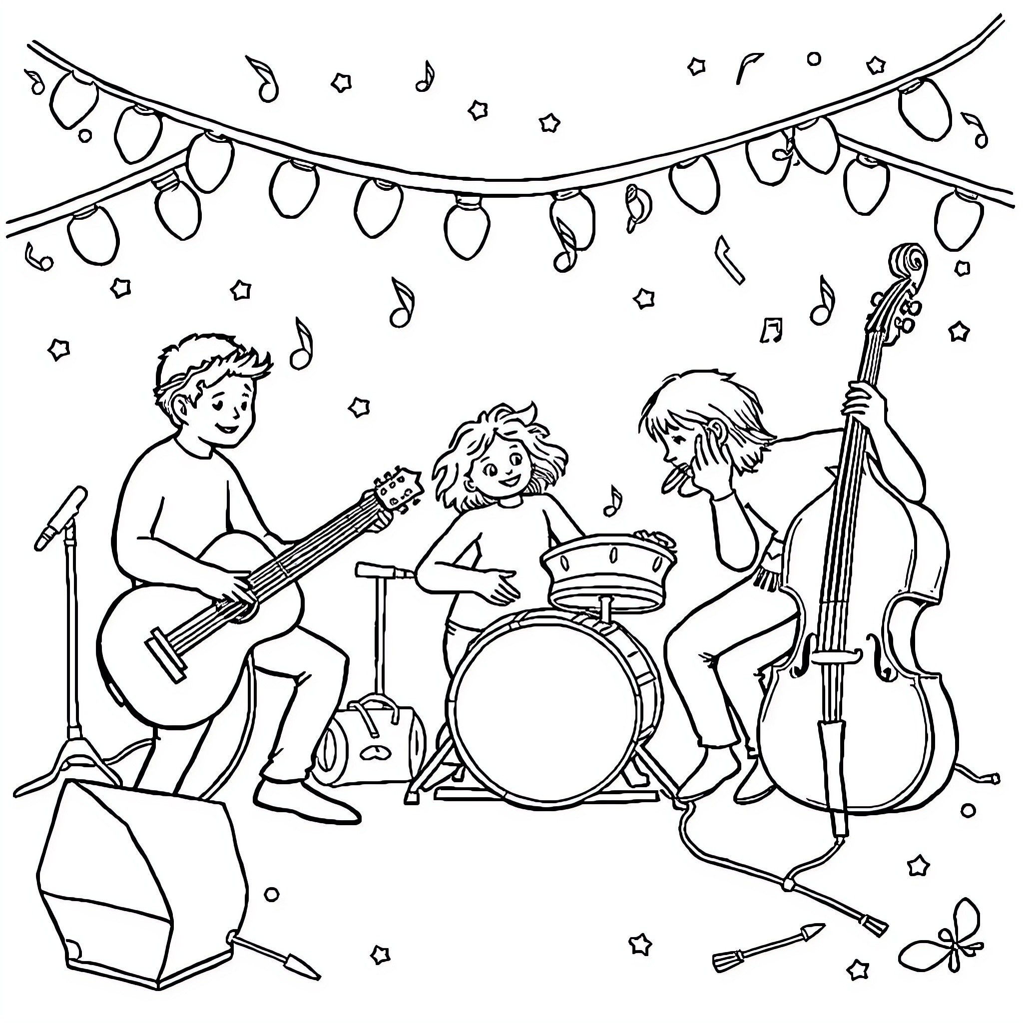 Music Instruments Performing at a Party Coloring Page (free black-and-white line drawing printable PDF for all, from beginners to advanced learners, including children, teens, adults, and seniors)