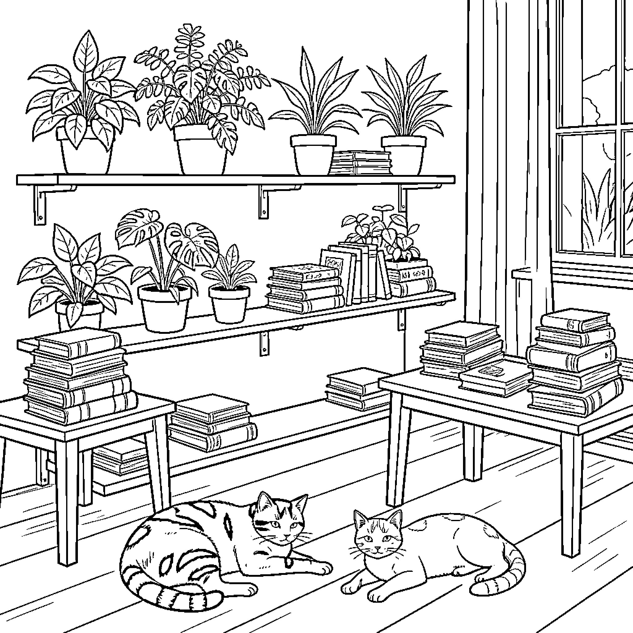 Plant filled room with cats resting near books Coloring Page (free black-and-white line drawing printable PDF for all, from beginners to advanced learners, including children, teens, adults, and seniors)