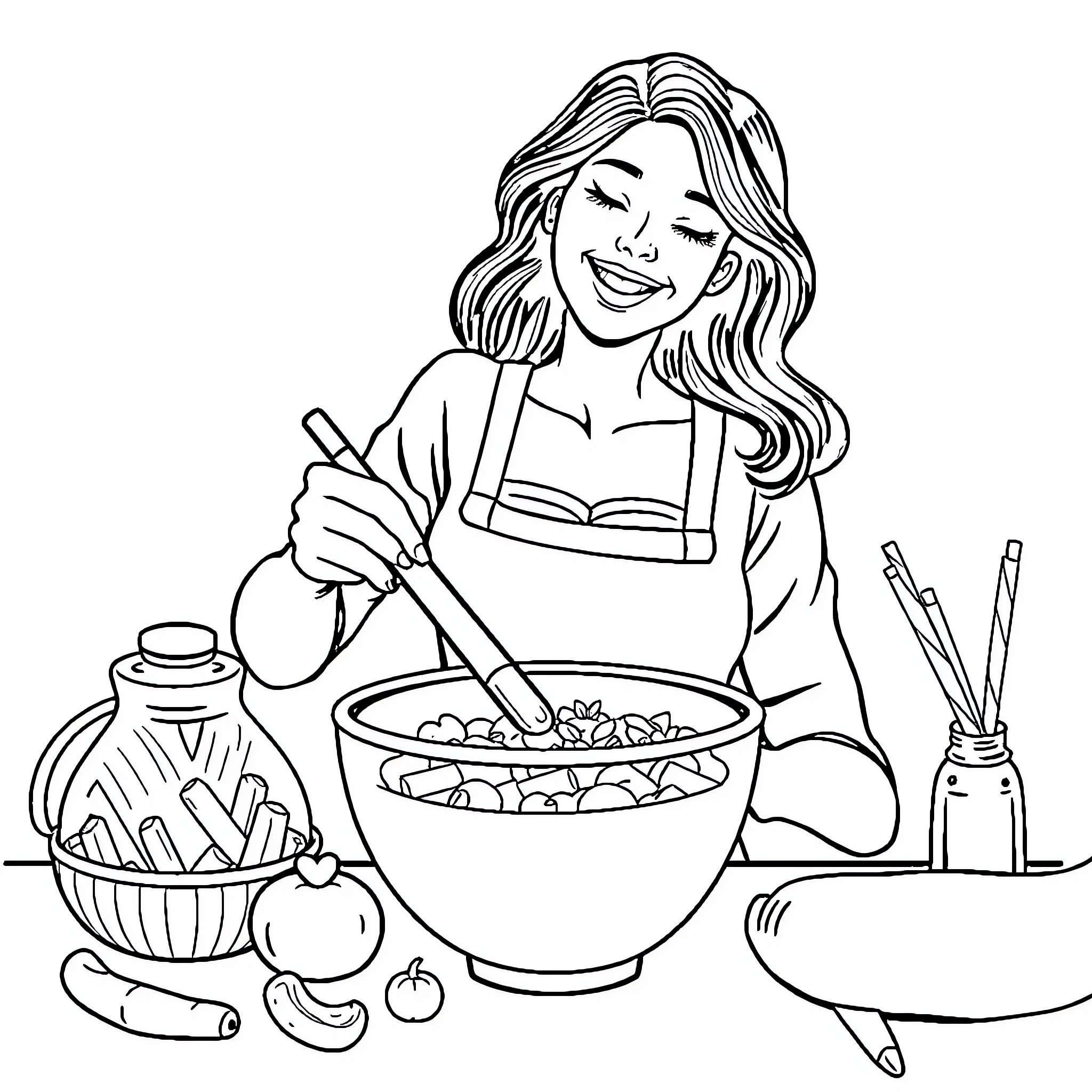 Mujer preparando un plato de comida saludable Coloring Page (free black-and-white line drawing printable PDF for all, from beginners to advanced learners, including children, teens, adults, and seniors)