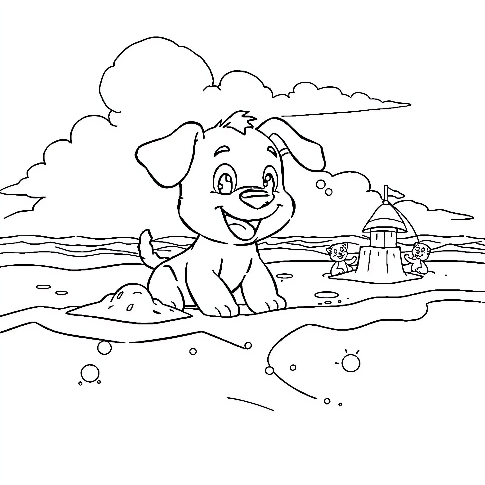Bluey's Beach Adventure Coloring Page (free black-and-white line drawing printable PDF for all, from beginners to advanced learners, including children, teens, adults, and seniors)