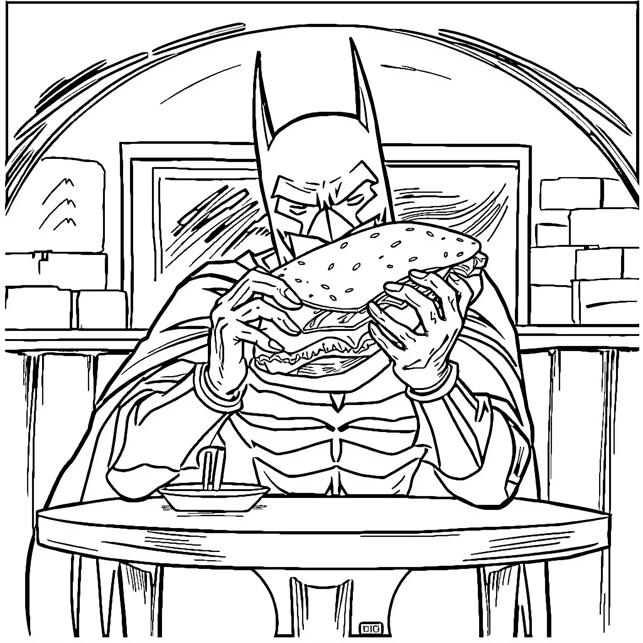 Batman Enjoying an Extravagant Burger in a Gritty City Coloring Page (free black-and-white line drawing printable PDF for all, from beginners to advanced learners, including children, teens, adults, and seniors)