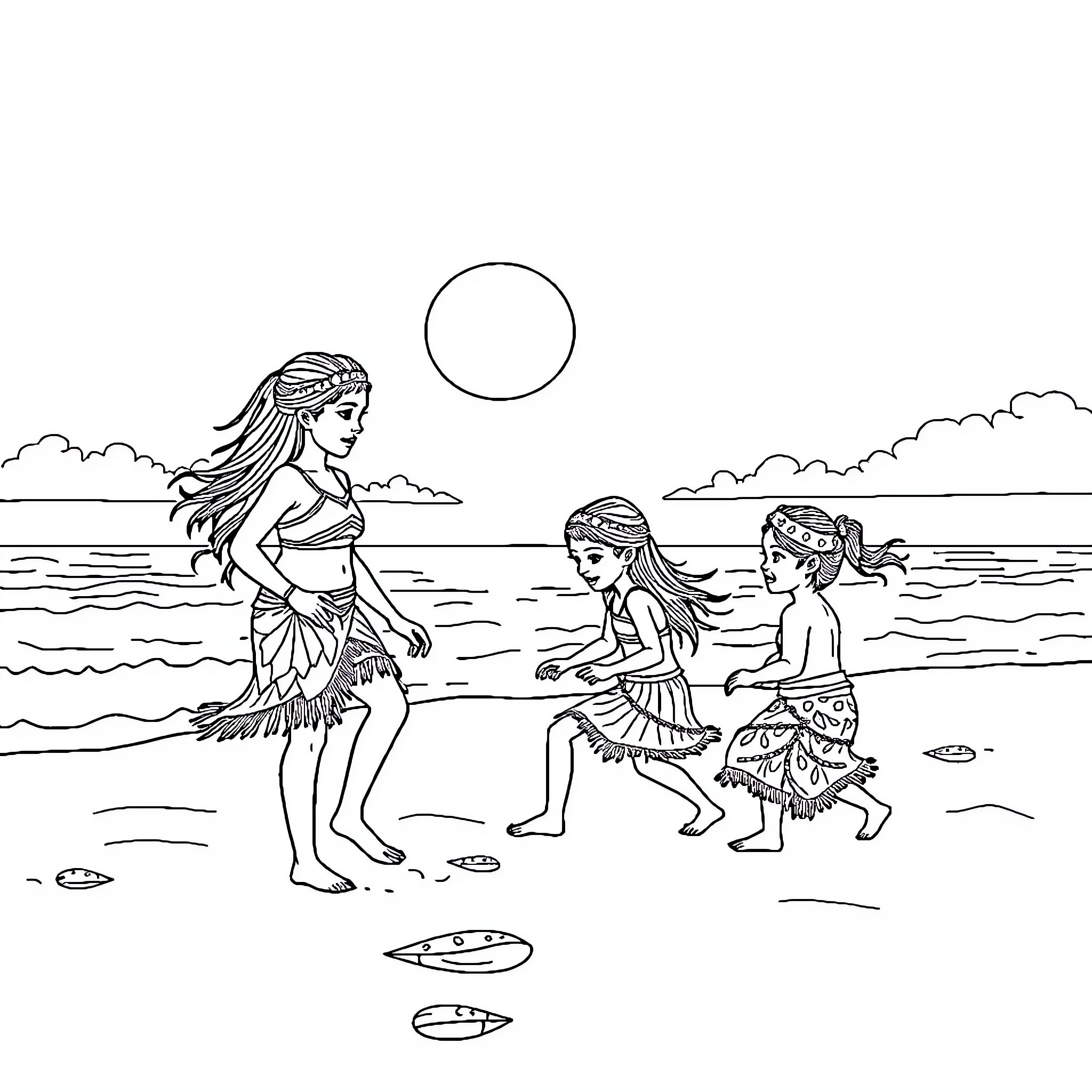Kogui Girls Playing by the Beach Coloring Page (free black-and-white line drawing printable PDF for all, from beginners to advanced learners, including children, teens, adults, and seniors)