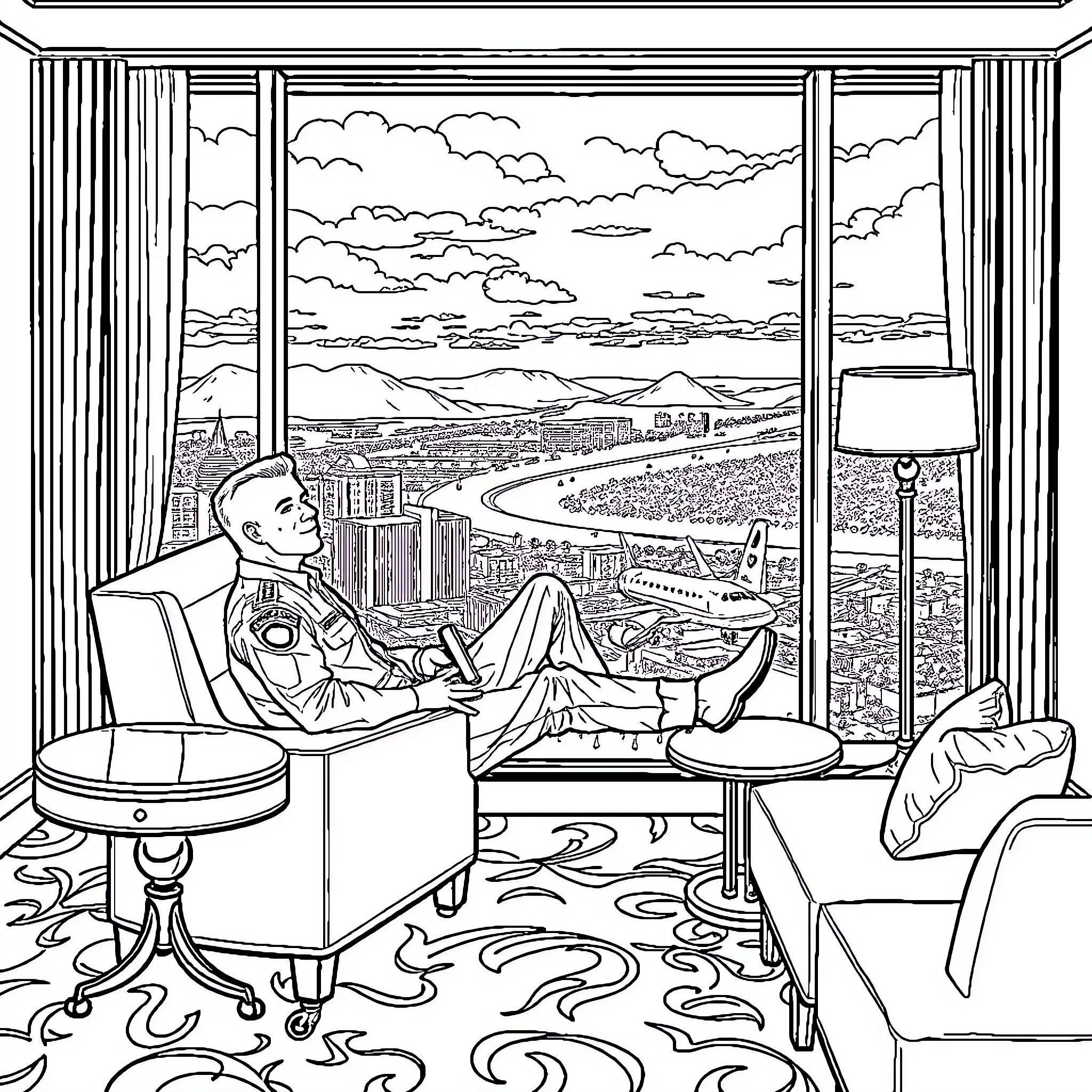 Air Force Member Relaxing in Office with City View Coloring Page (free black-and-white line drawing printable PDF for all, from beginners to advanced learners, including children, teens, adults, and seniors)