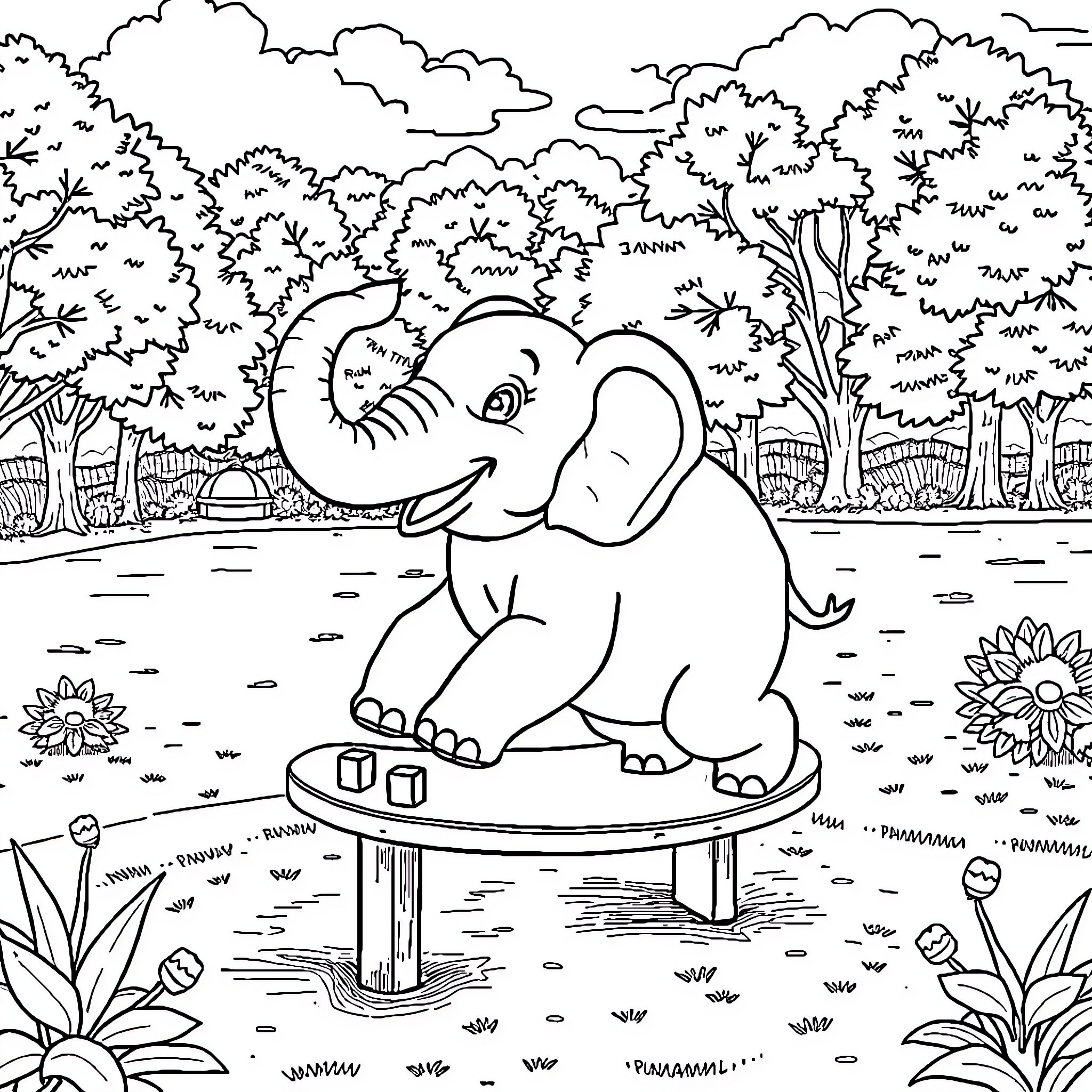 Elephant playing joyfully in the nature scene Coloring Page (free black-and-white line drawing printable PDF for all, from beginners to advanced learners, including children, teens, adults, and seniors)