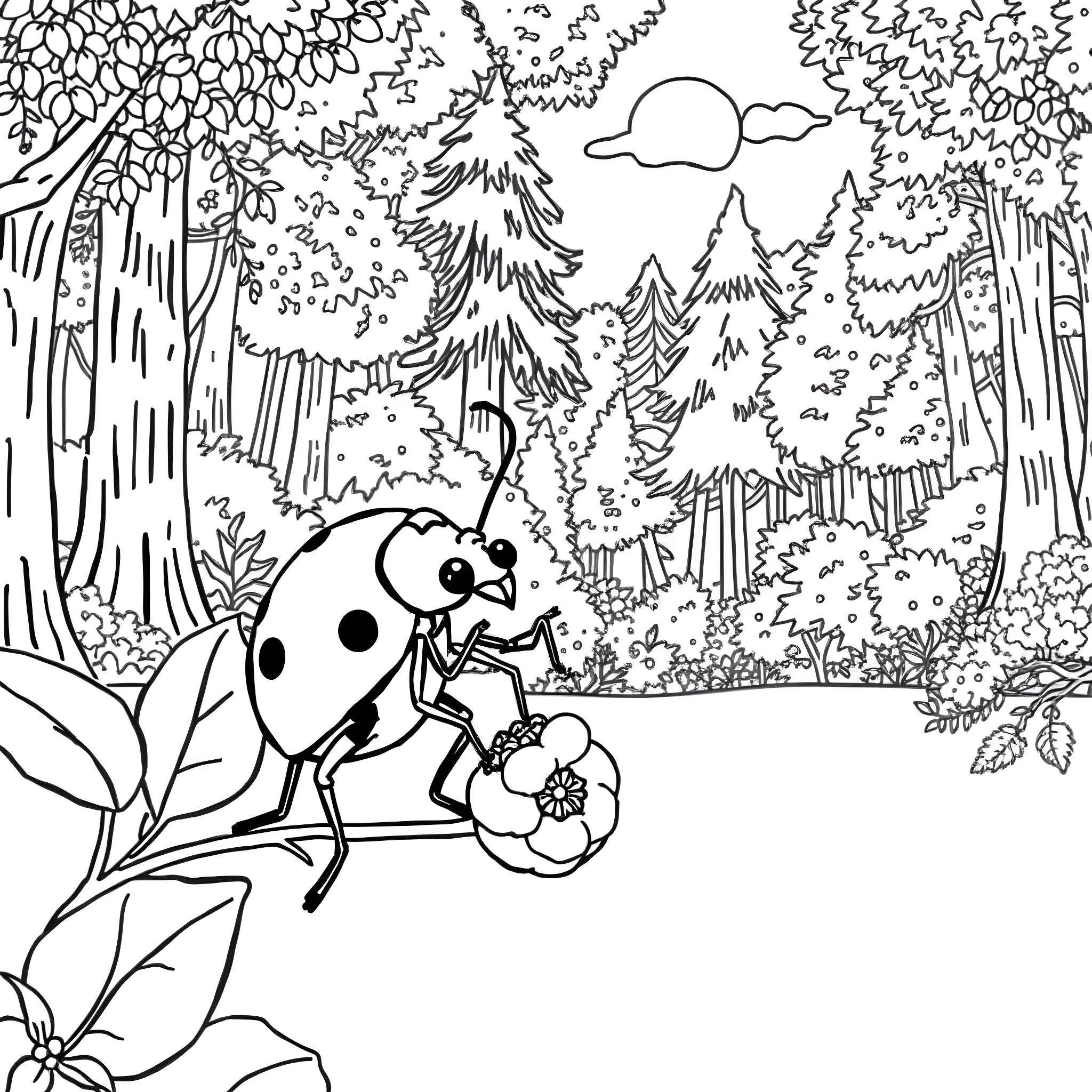 Stinkbug exploring the forest with flowers Coloring Page (free black-and-white line drawing printable PDF for all, from beginners to advanced learners, including children, teens, adults, and seniors)