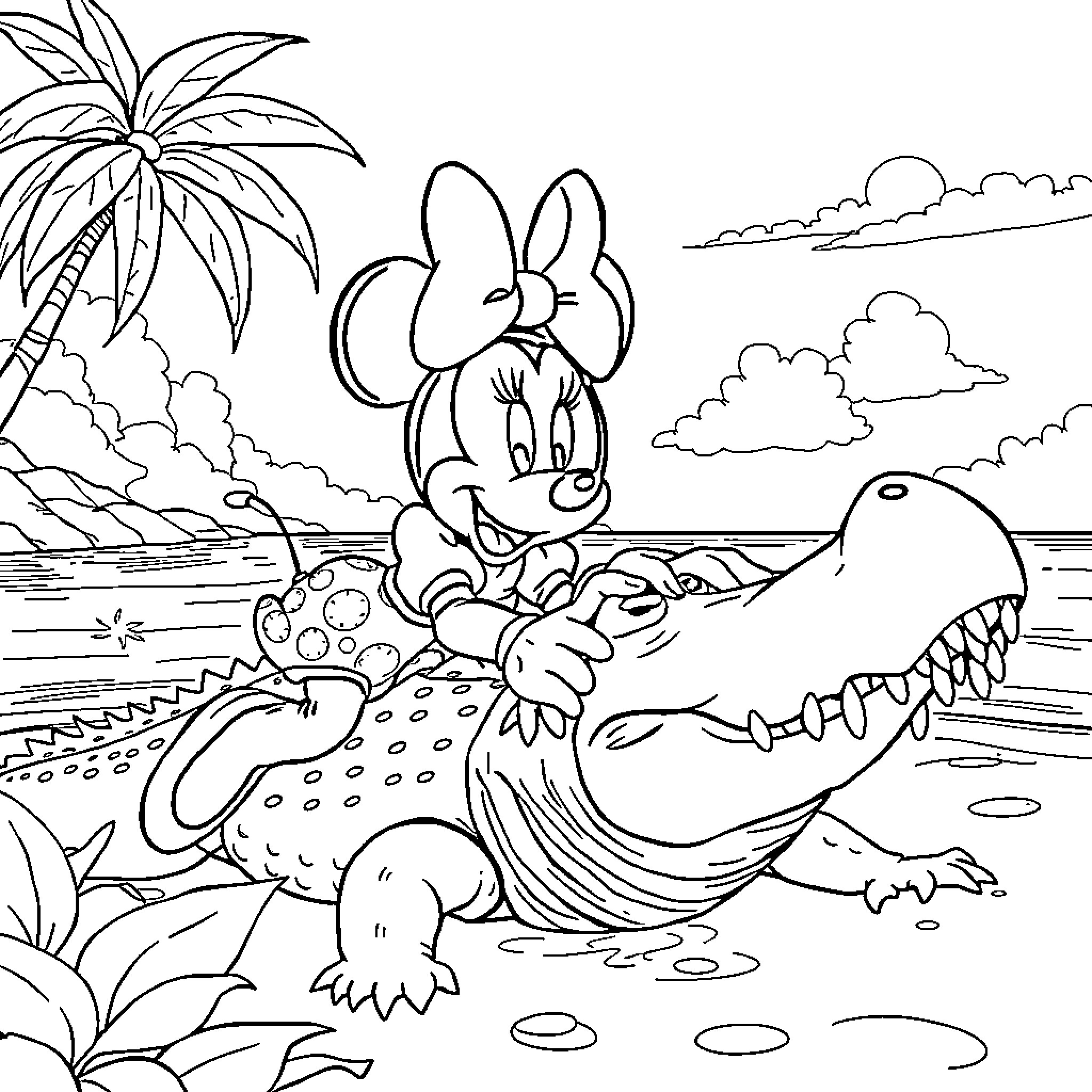 Minnie's Beach Adventure with Friendly Alligator Coloring Page (free black-and-white line drawing printable PDF for all, from beginners to advanced learners, including children, teens, adults, and seniors)