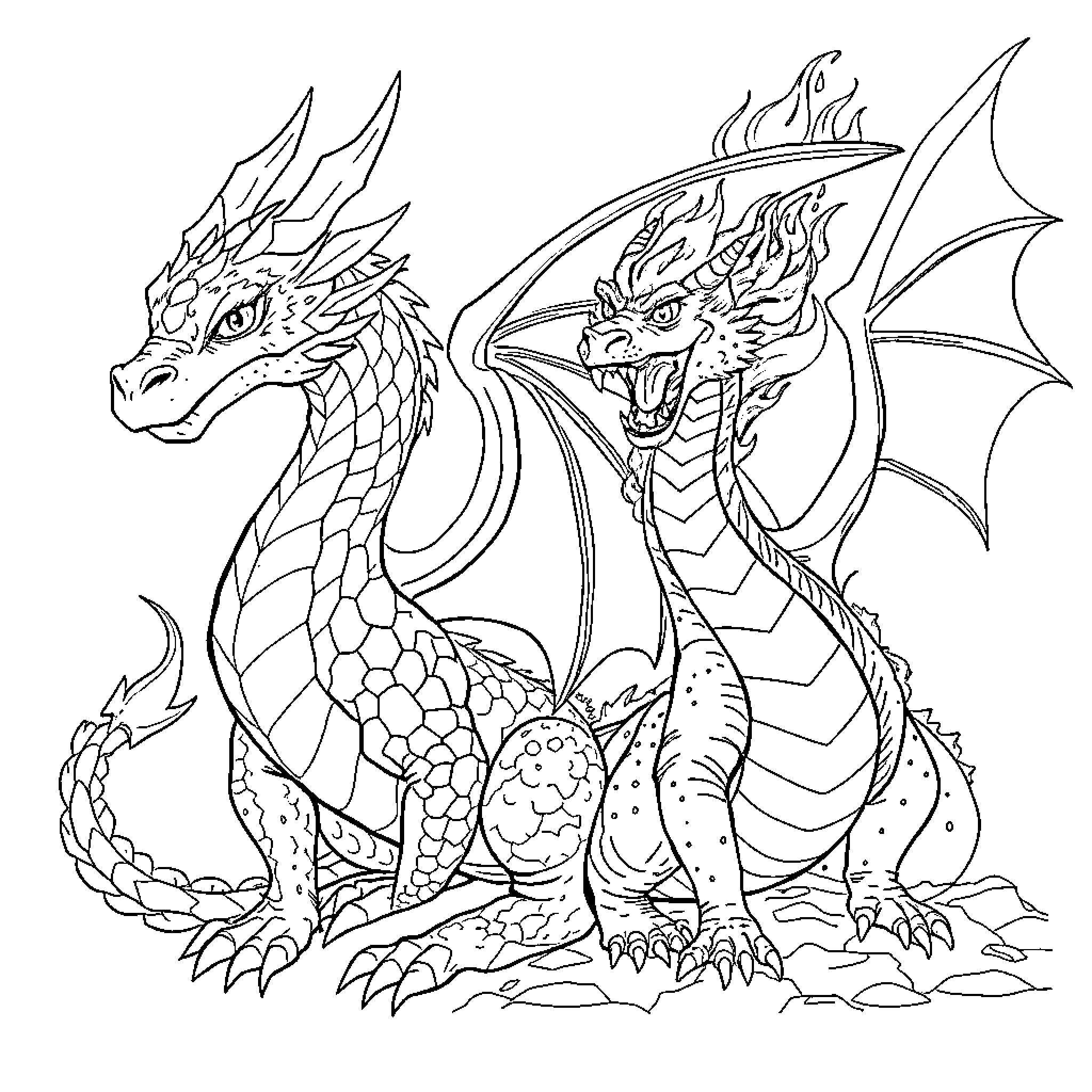 Dragon Duo Unleashing Fiery Wrath Coloring Page (free black-and-white line drawing printable PDF for all, from beginners to advanced learners, including children, teens, adults, and seniors)