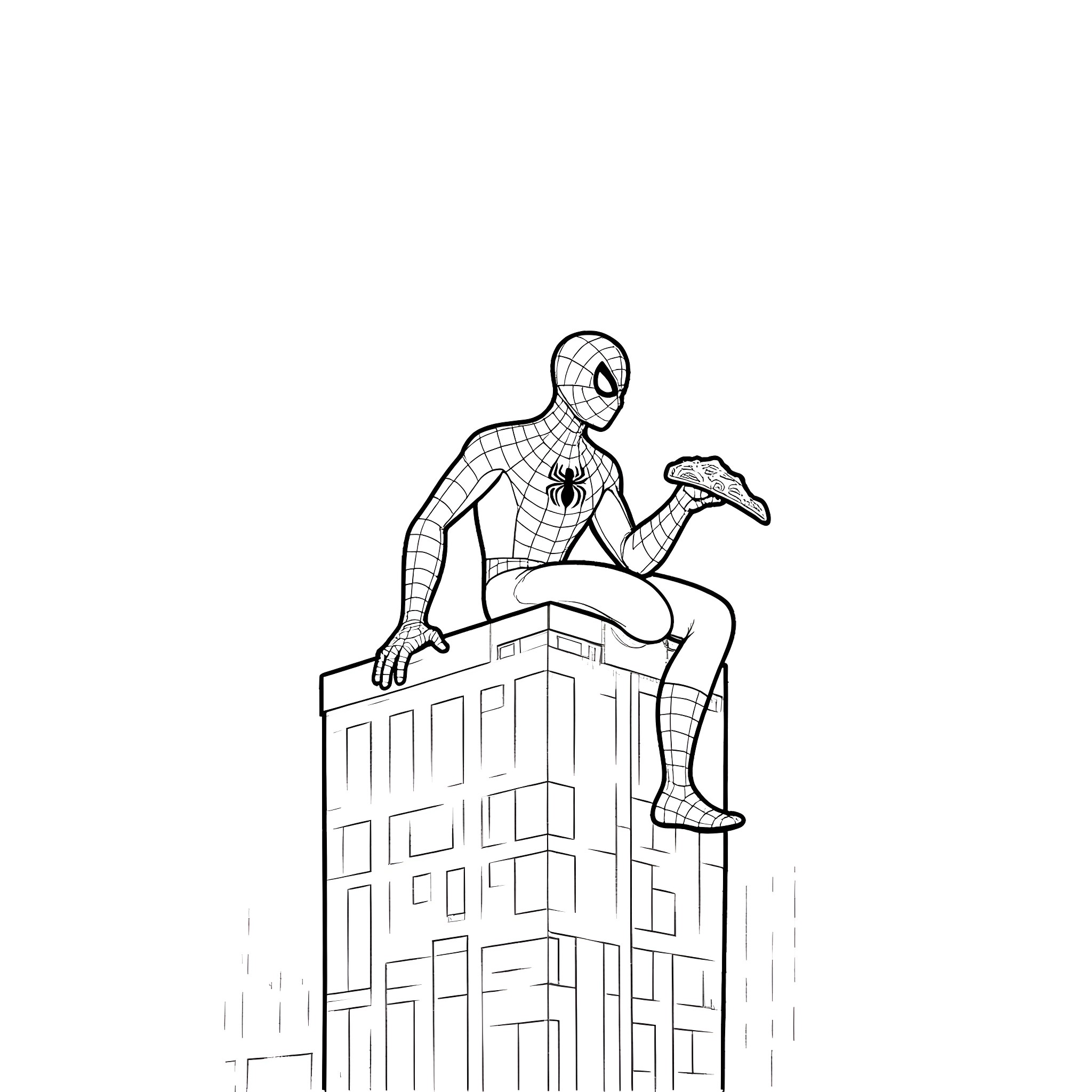 Spiderman scaling the city skyscrapers Coloring Page (free black-and-white line drawing printable PDF for all, from beginners to advanced learners, including children, teens, adults, and seniors)