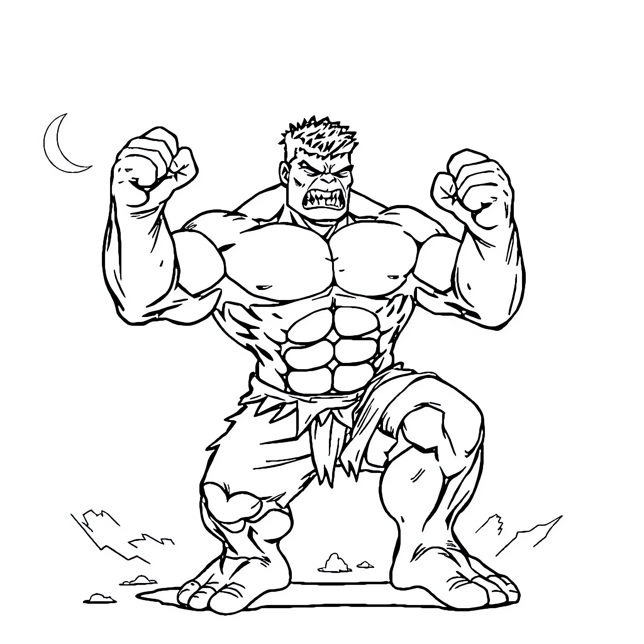 Hulk demonstrating impressive muscular strength Coloring Page (free black-and-white line drawing printable PDF for all, from beginners to advanced learners, including children, teens, adults, and seniors)