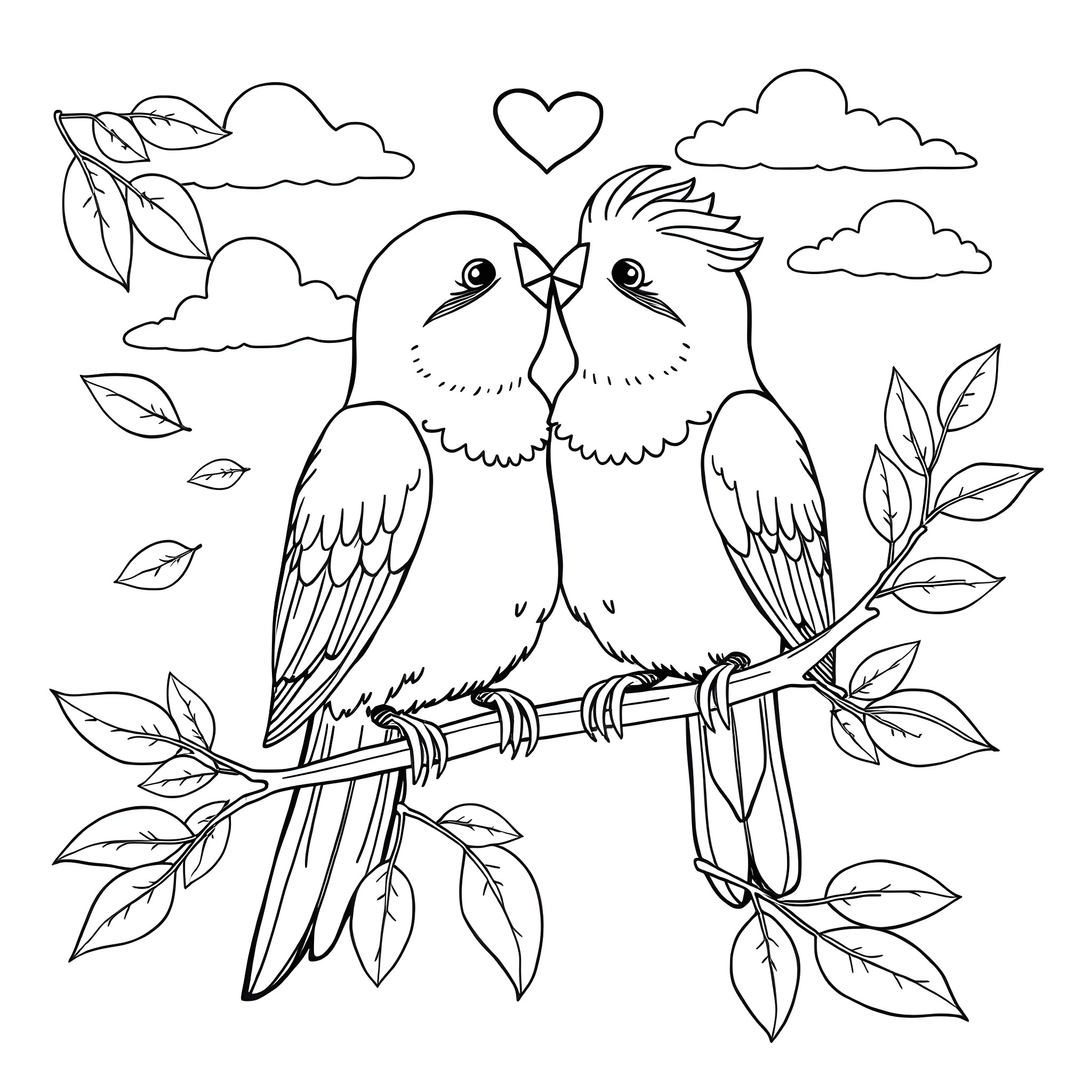 Bird lovebirds sitting together on a branch Coloring Page (free black-and-white line drawing printable PDF for all, from beginners to advanced learners, including children, teens, adults, and seniors)