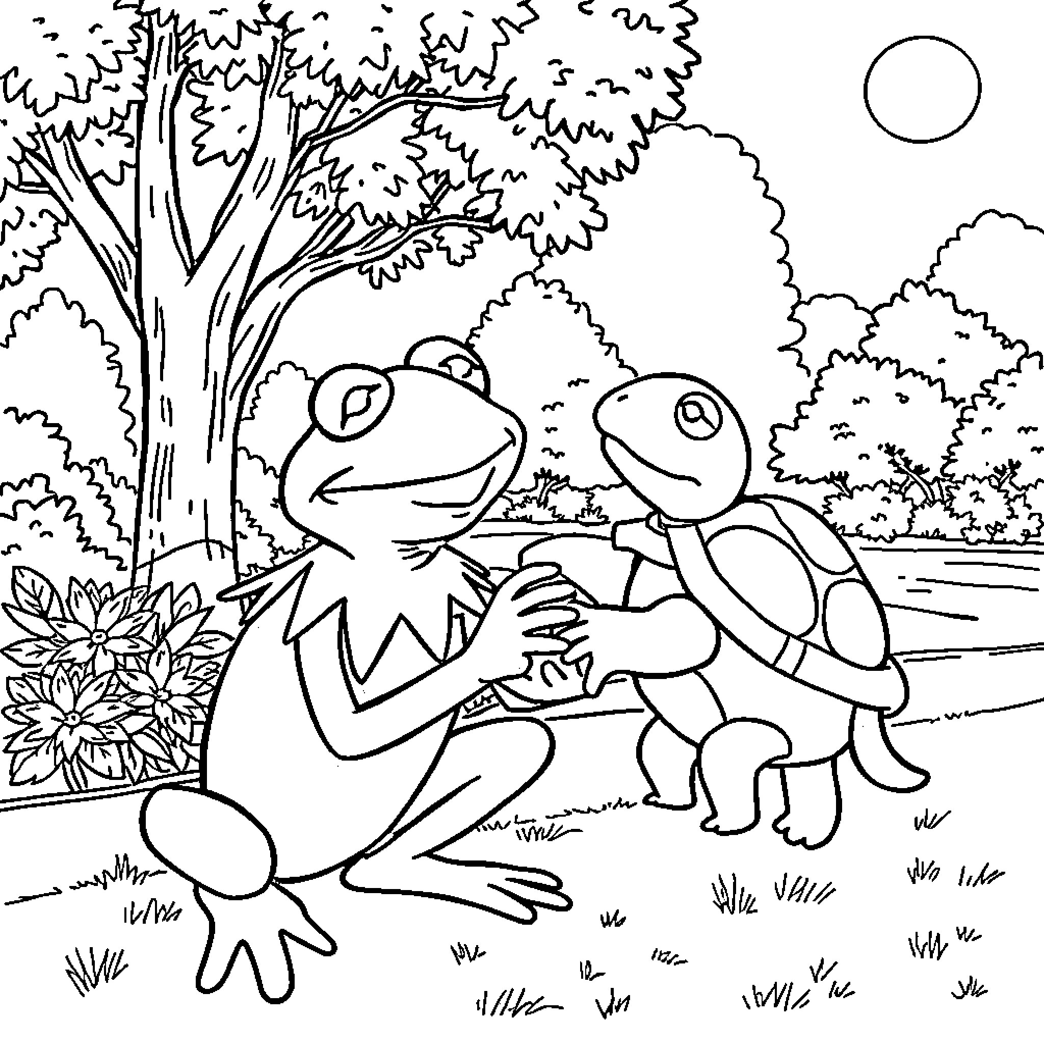 Kermit and Frog Friends in Nature Scene Coloring Page (free black-and-white line drawing printable PDF for all, from beginners to advanced learners, including children, teens, adults, and seniors)