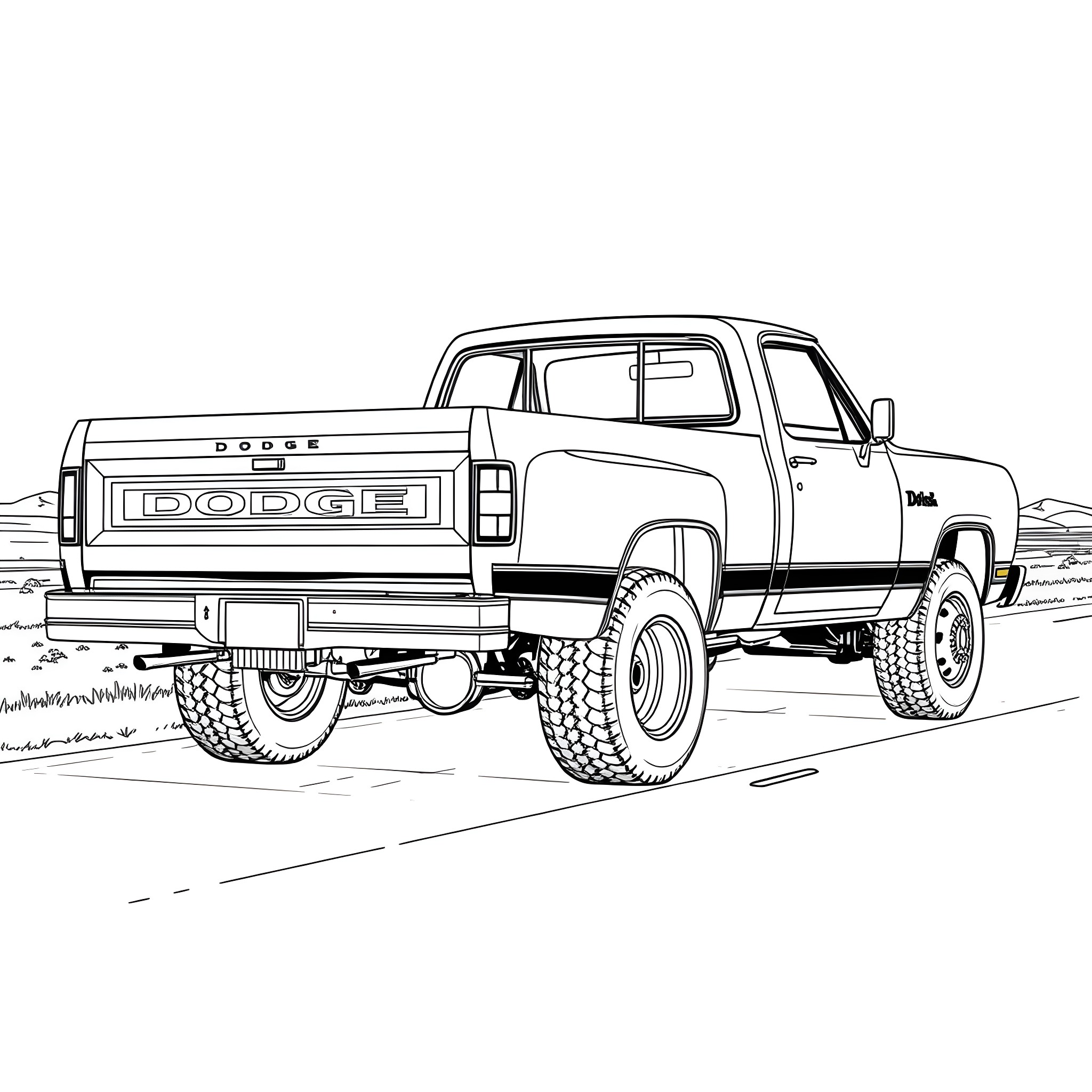 Dodge Dually off-road truck in rugged terrain Coloring Page (free black-and-white line drawing printable PDF for all, from beginners to advanced learners, including children, teens, adults, and seniors)