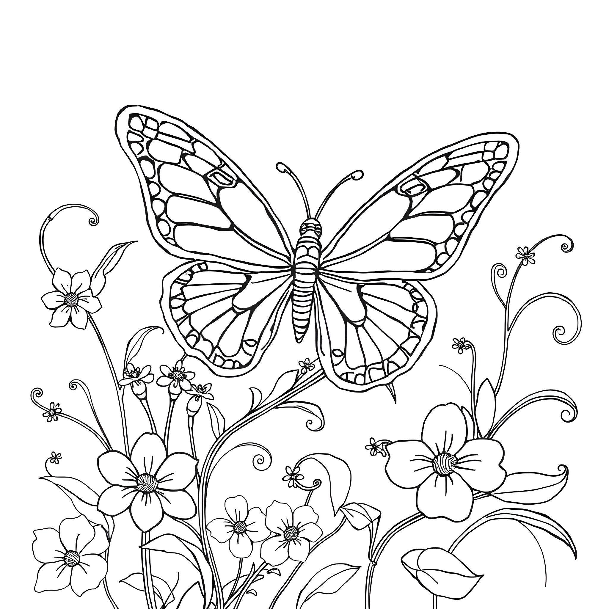 Butterfly flying among flowers in a garden Coloring Page (free black-and-white line drawing printable PDF for all, from beginners to advanced learners, including children, teens, adults, and seniors)