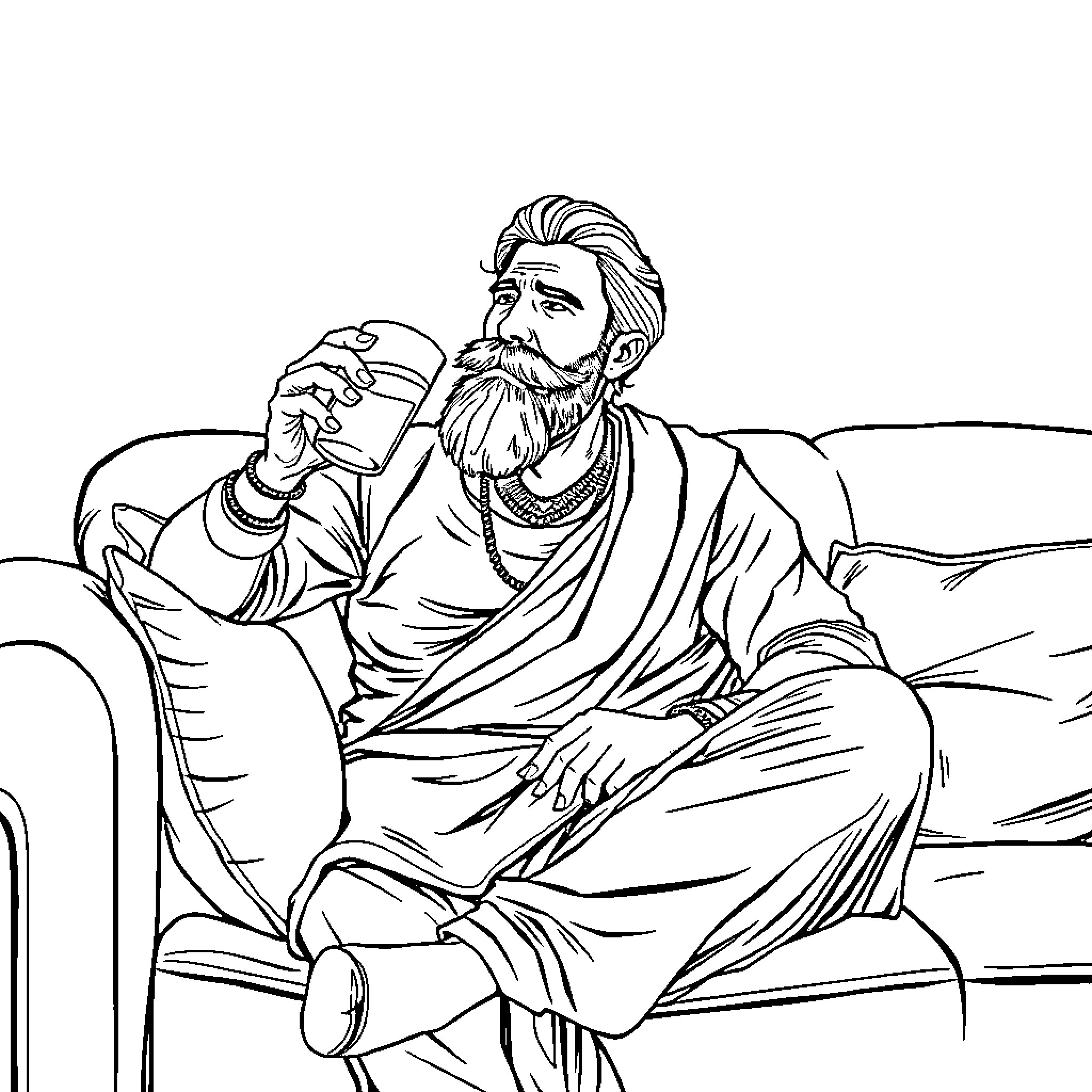 Man Relaxing Thoughtfully on Chair Coloring Page (free black-and-white line drawing printable PDF for all, from beginners to advanced learners, including children, teens, adults, and seniors)