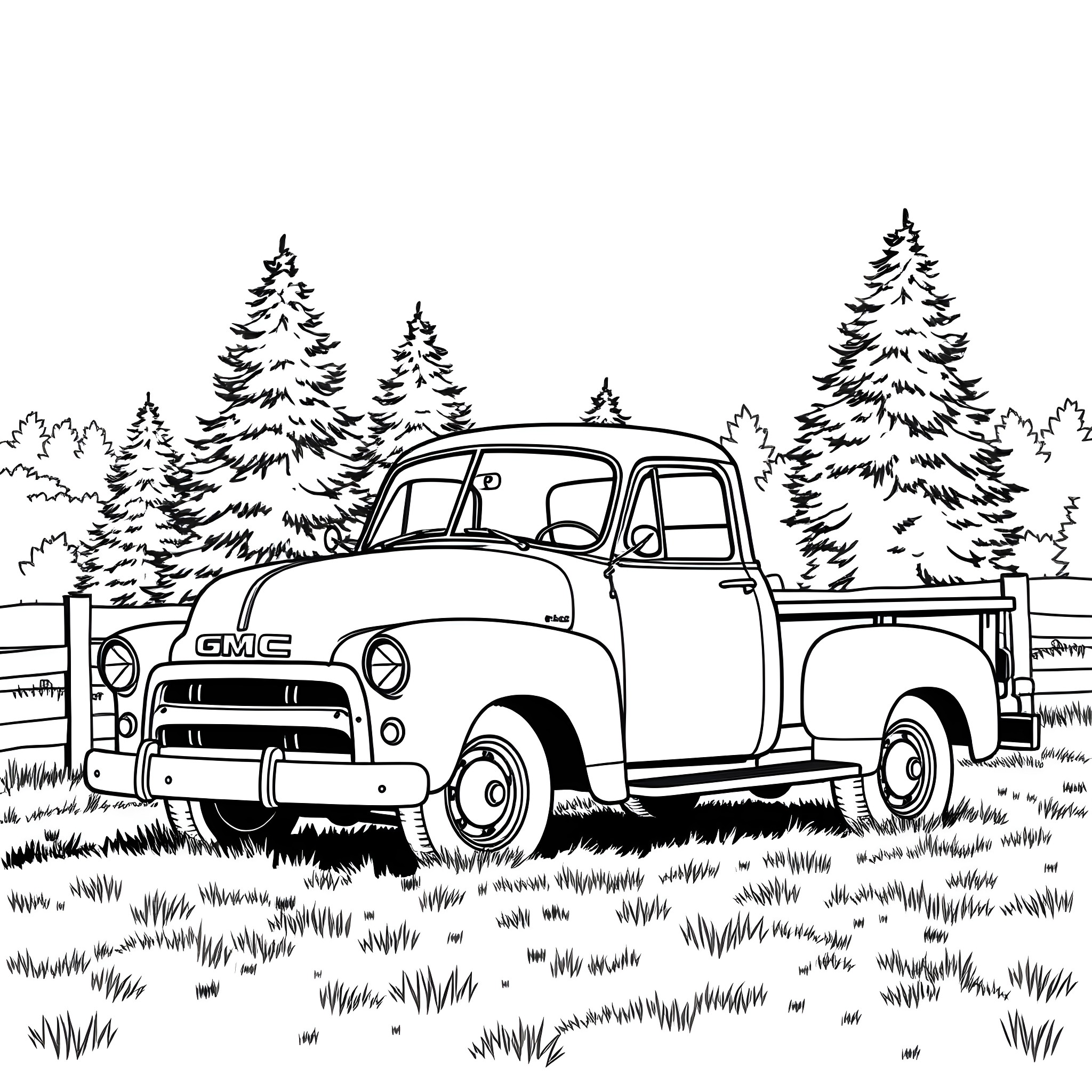 Truck parked in snowy forest landscape Coloring Page (free black-and-white line drawing printable PDF for all, from beginners to advanced learners, including children, teens, adults, and seniors)