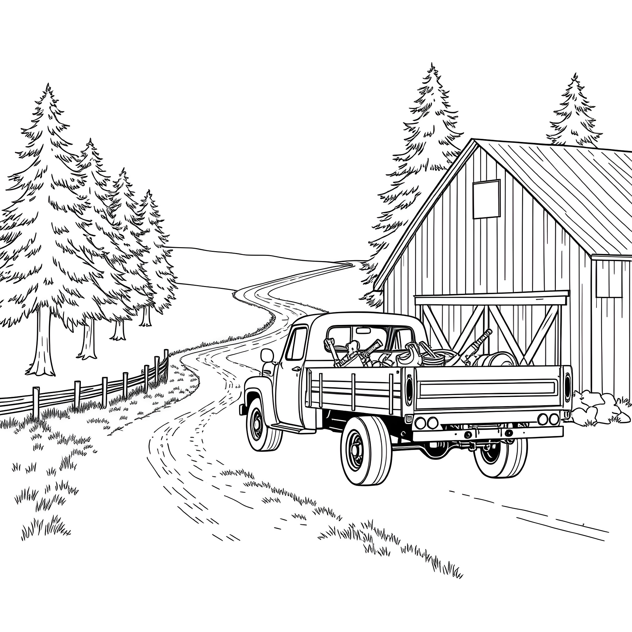 Flatbed truck transporting wood near rustic barn Coloring Page (free black-and-white line drawing printable PDF for all, from beginners to advanced learners, including children, teens, adults, and seniors)
