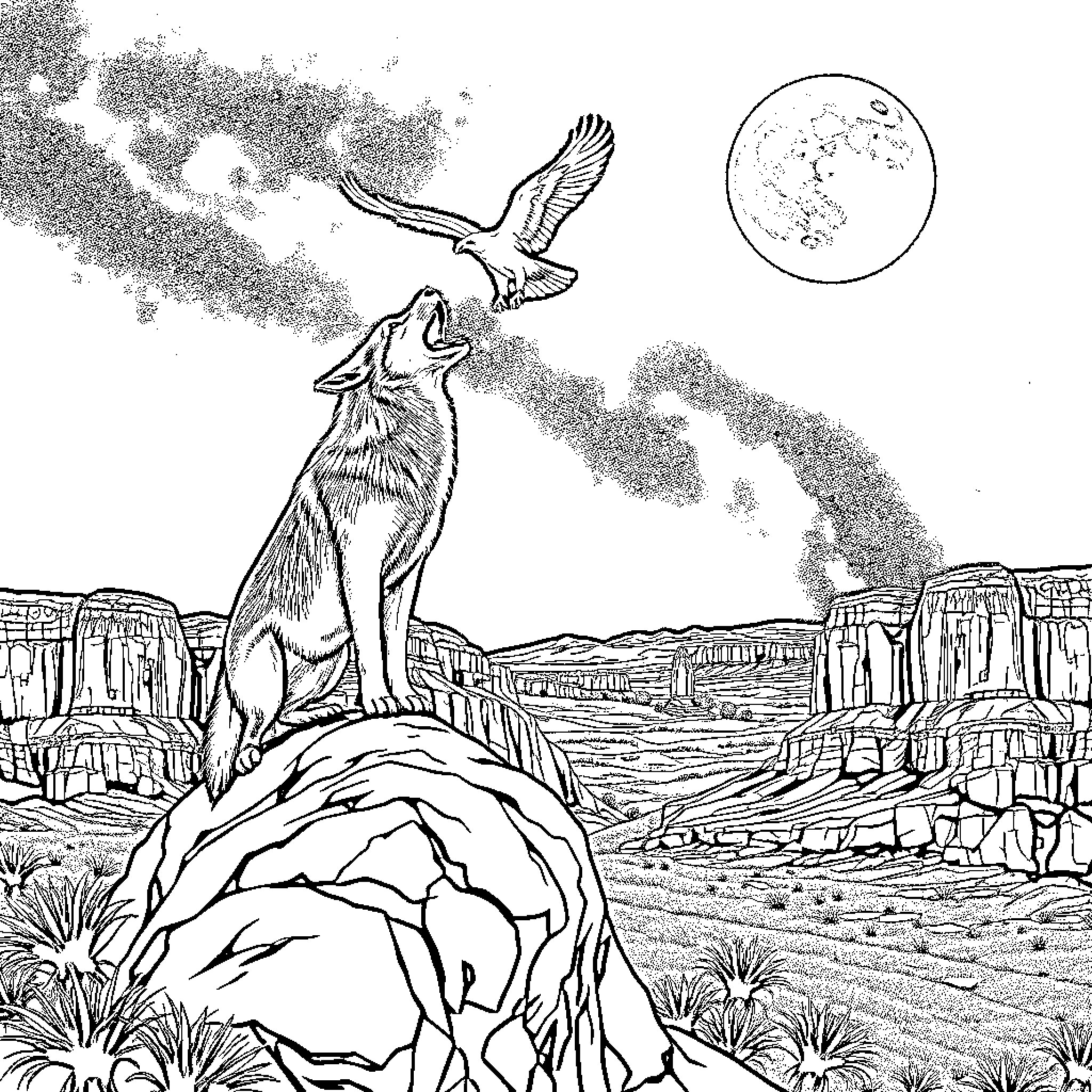 Wolf howling at the moon in the desert Coloring Page (free black-and-white line drawing printable PDF for all, from beginners to advanced learners, including children, teens, adults, and seniors)