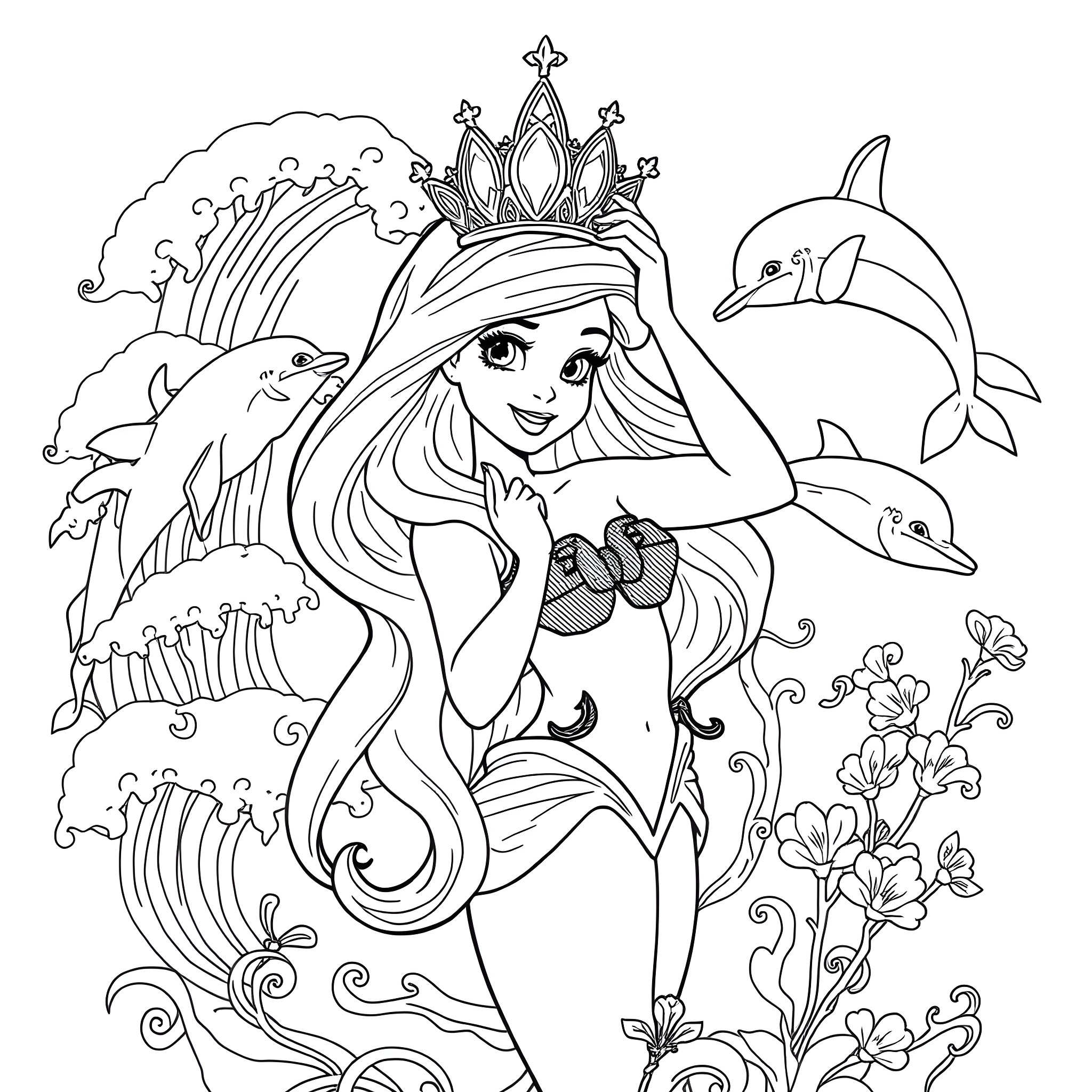 Ariel swimming gracefully with dolphins in the sea Coloring Page (free black-and-white line drawing printable PDF for all, from beginners to advanced learners, including children, teens, adults, and seniors)