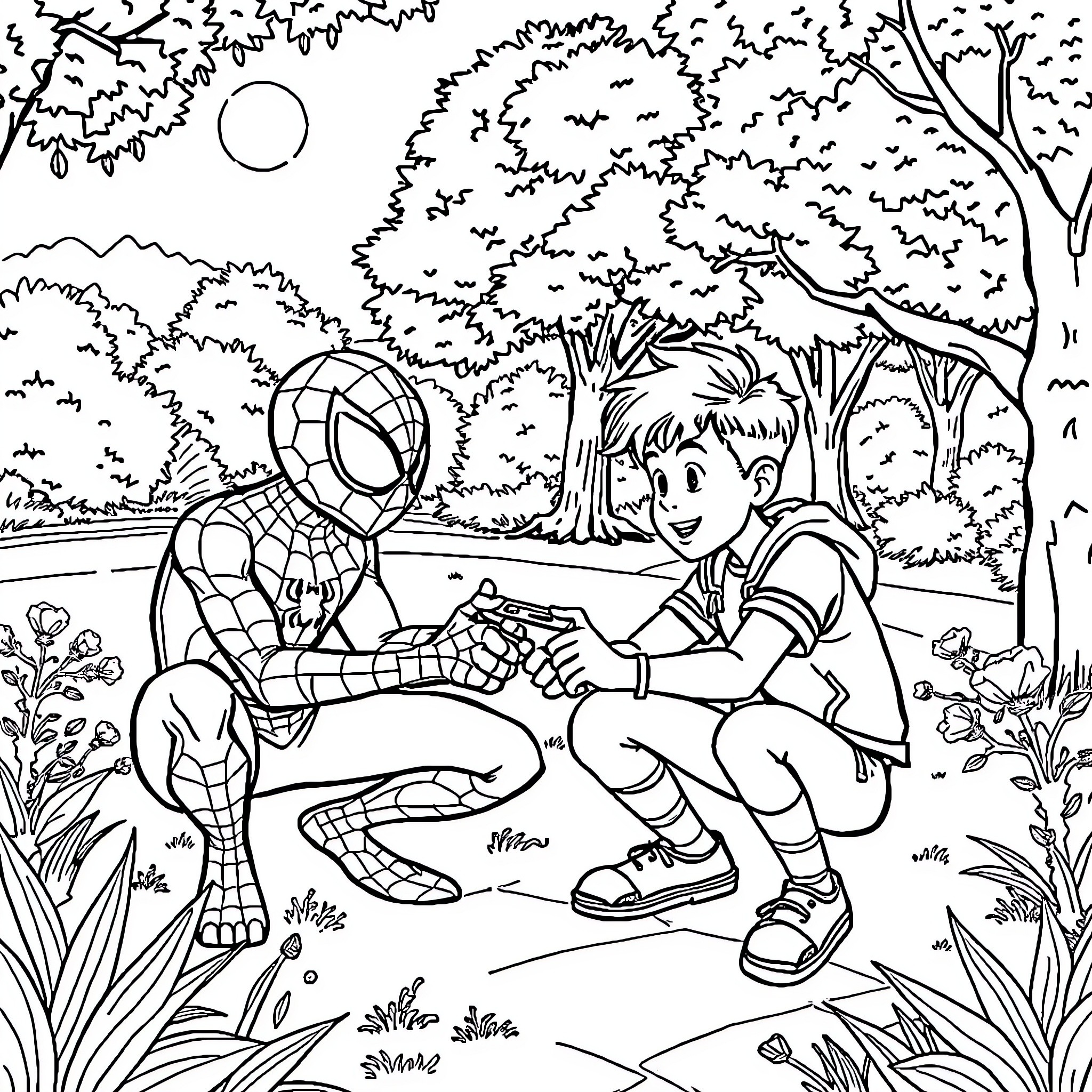 Spider-Man's Friendly Encounter in the Park Coloring Page (free black-and-white line drawing printable PDF for all, from beginners to advanced learners, including children, teens, adults, and seniors)