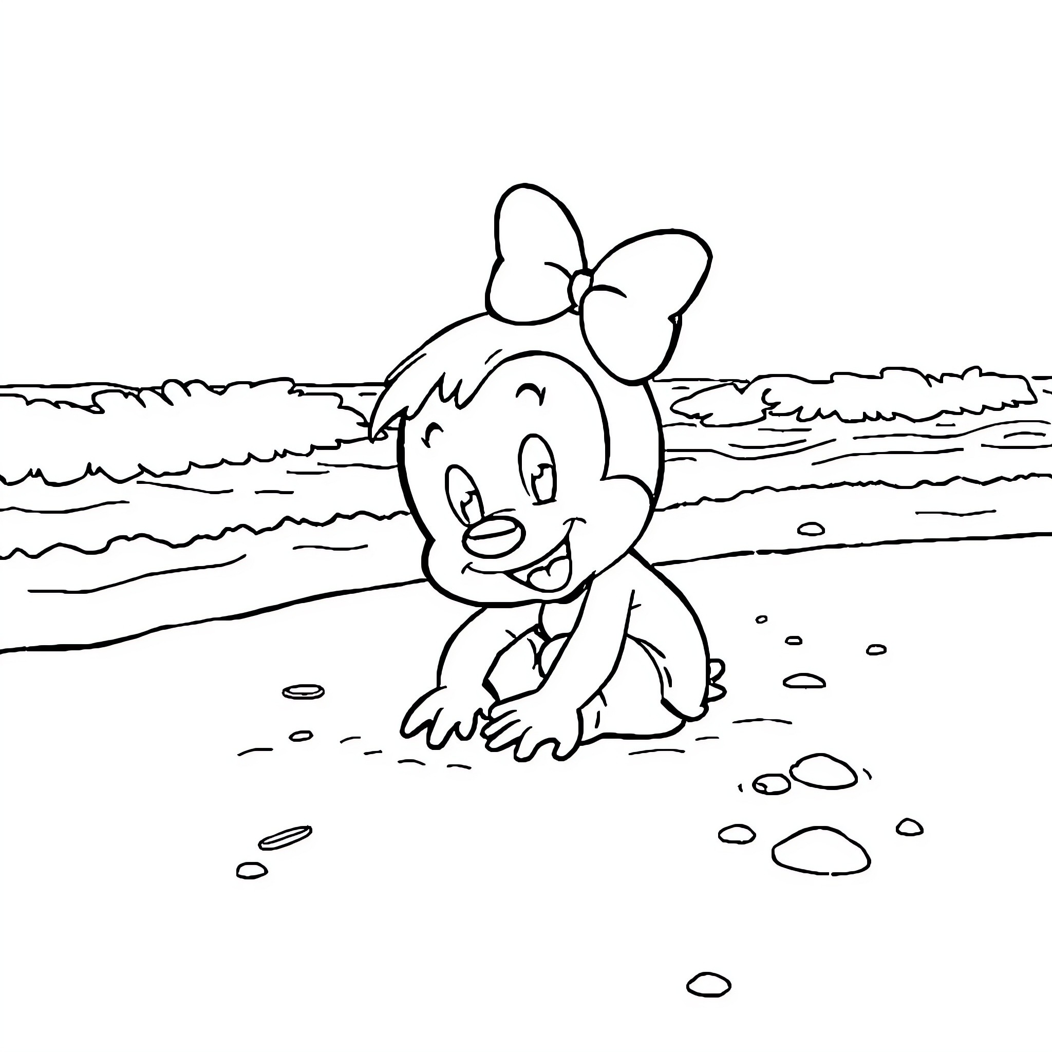 Minnie playing on the beach Coloring Page (free black-and-white line drawing printable PDF for all, from beginners to advanced learners, including children, teens, adults, and seniors)