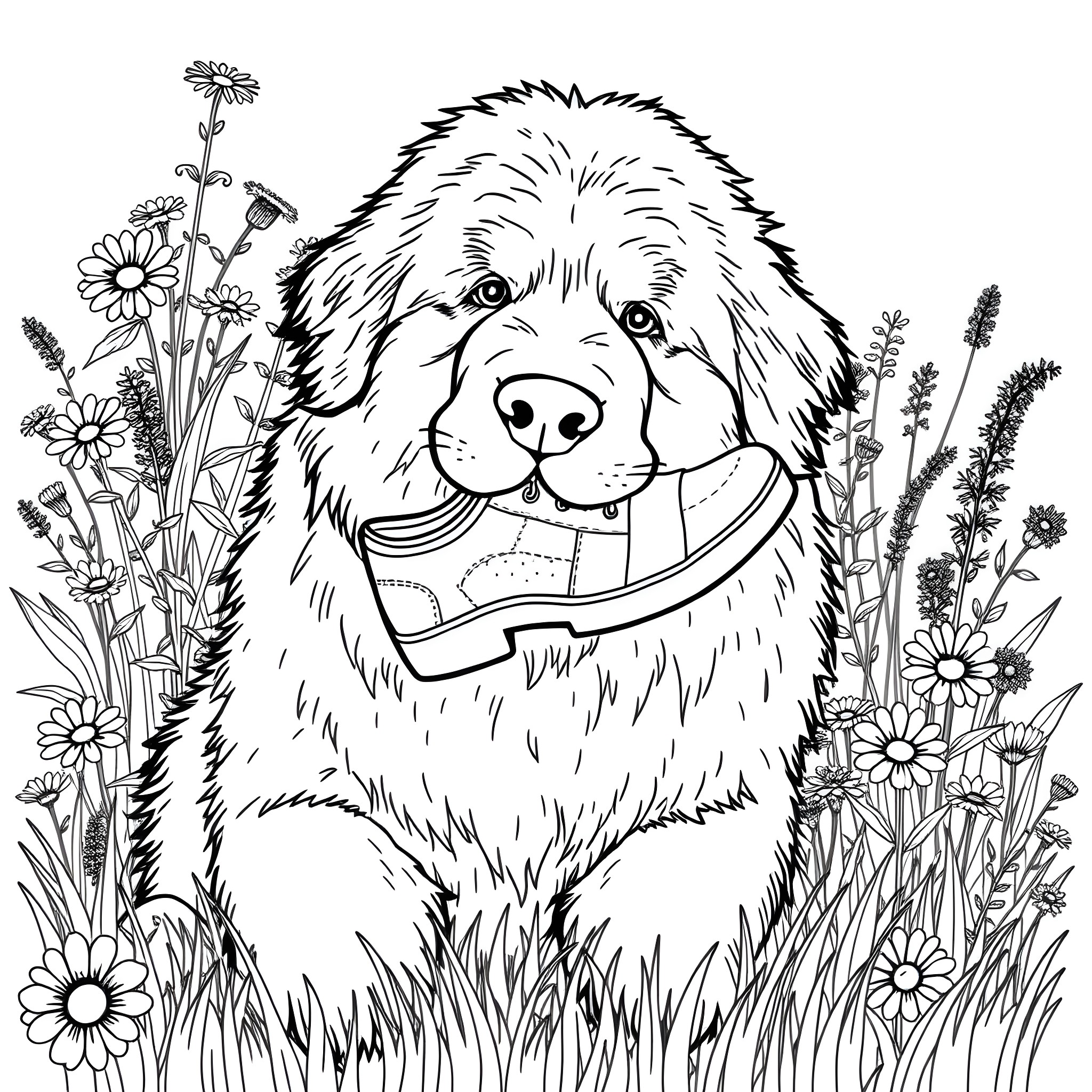 Newfoundland Dog Surrounded by Blooming Flowers Coloring Page (free black-and-white line drawing printable PDF for all, from beginners to advanced learners, including children, teens, adults, and seniors)