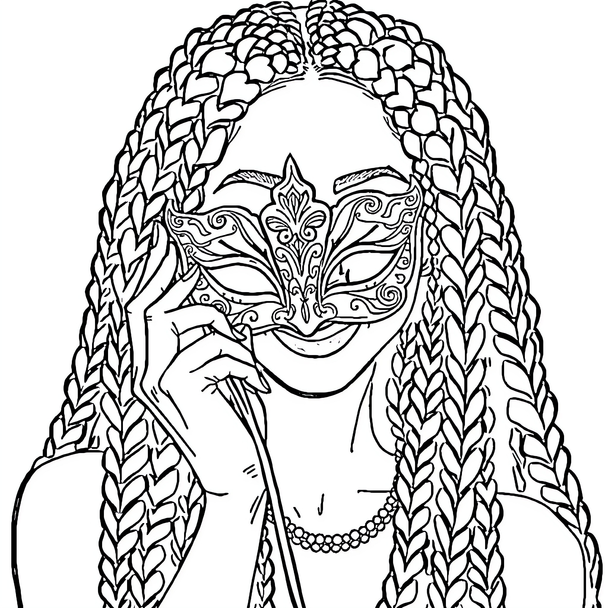 Woman wearing ornate masquerade mask Coloring Page (free black-and-white line drawing printable PDF for all, from beginners to advanced learners, including children, teens, adults, and seniors)