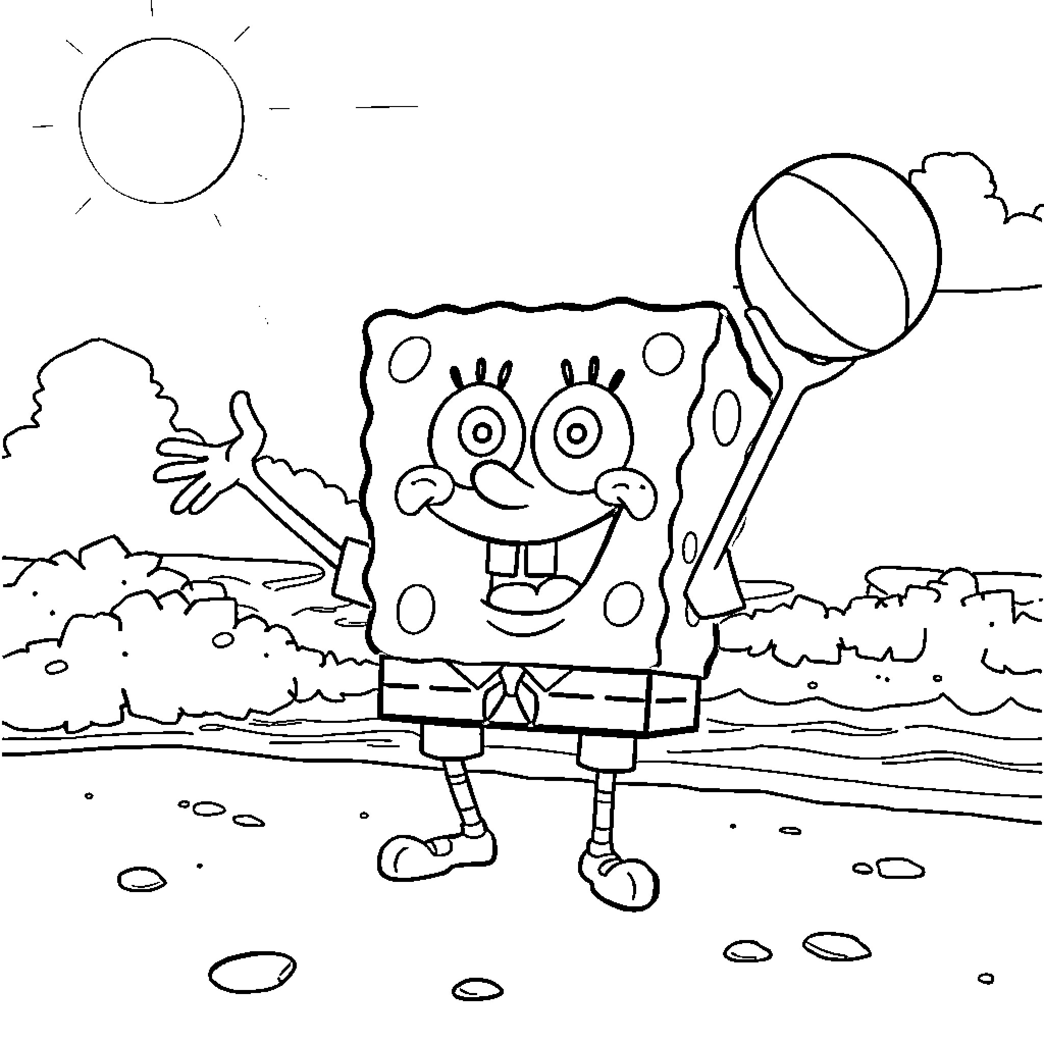 Spongebob enjoying a sunny day at the beach Coloring Page (free black-and-white line drawing printable PDF for all, from beginners to advanced learners, including children, teens, adults, and seniors)