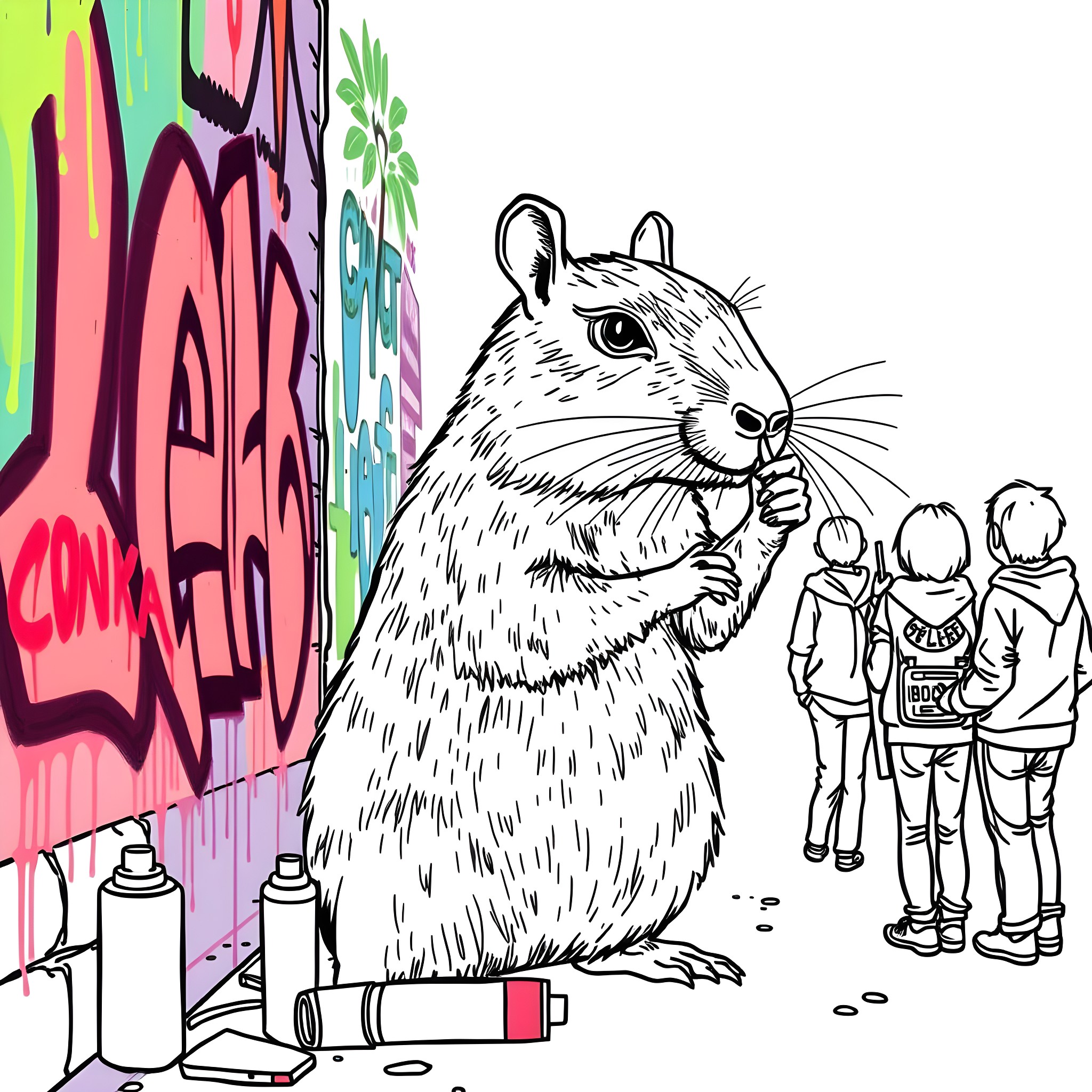 Capybara observing graffiti artists in action Coloring Page (free black-and-white line drawing printable PDF for all, from beginners to advanced learners, including children, teens, adults, and seniors)