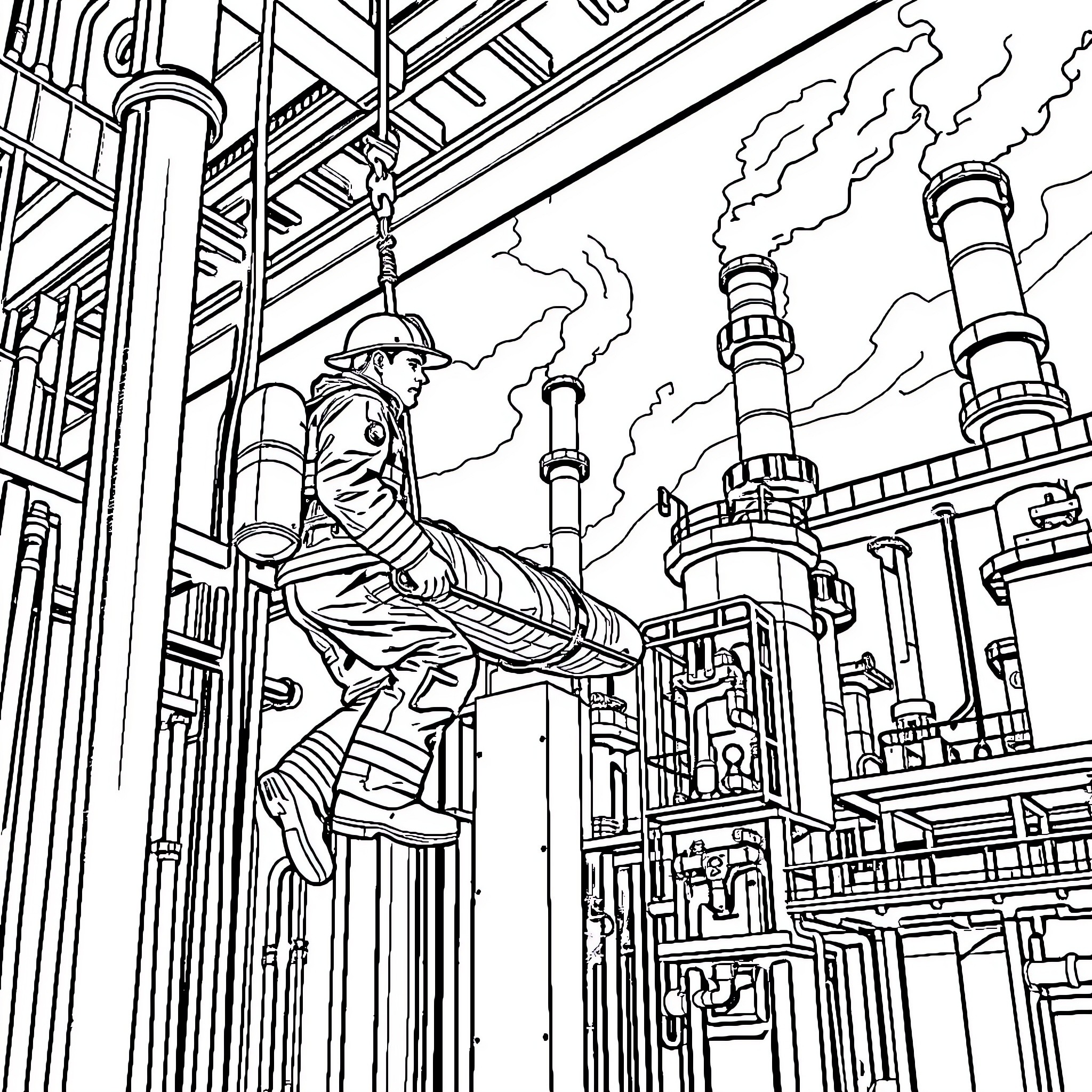 Fireman performing rescue operation at industrial site Coloring Page (free black-and-white line drawing printable PDF for all, from beginners to advanced learners, including children, teens, adults, and seniors)