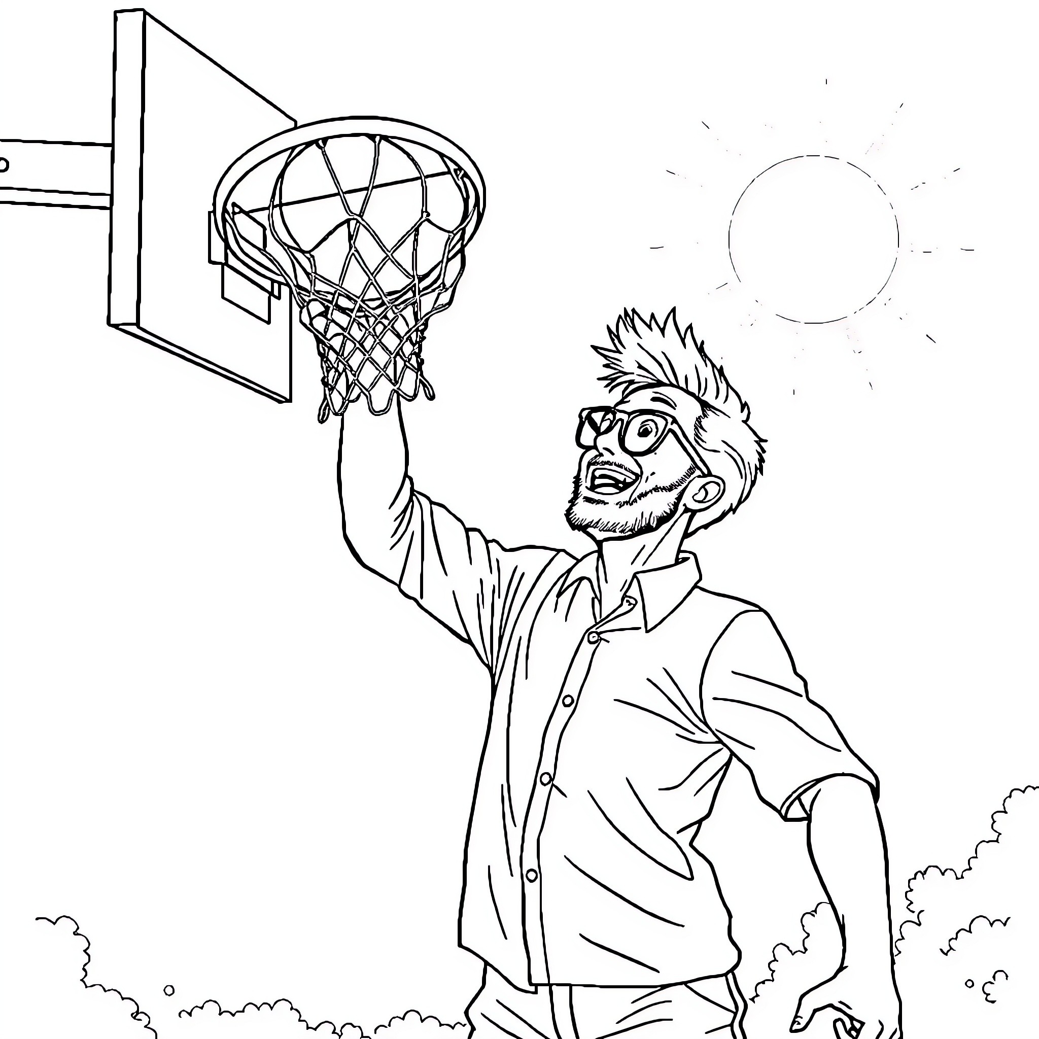 Teacher playing basketball outdoors Coloring Page (free black-and-white line drawing printable PDF for all, from beginners to advanced learners, including children, teens, adults, and seniors)