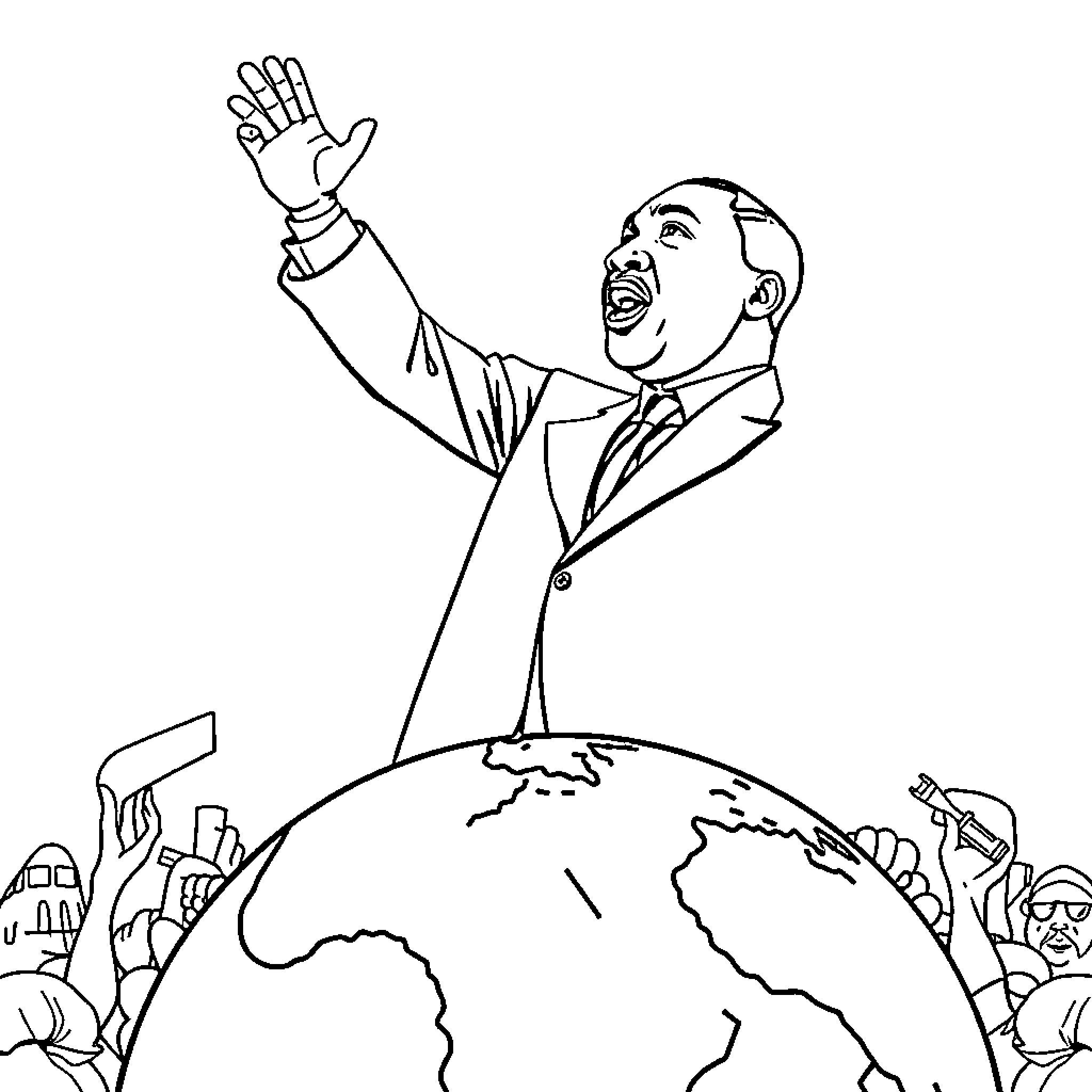 Martin Luther King Jr. Inspiring the World Coloring Page (free black-and-white line drawing printable PDF for all, from beginners to advanced learners, including children, teens, adults, and seniors)