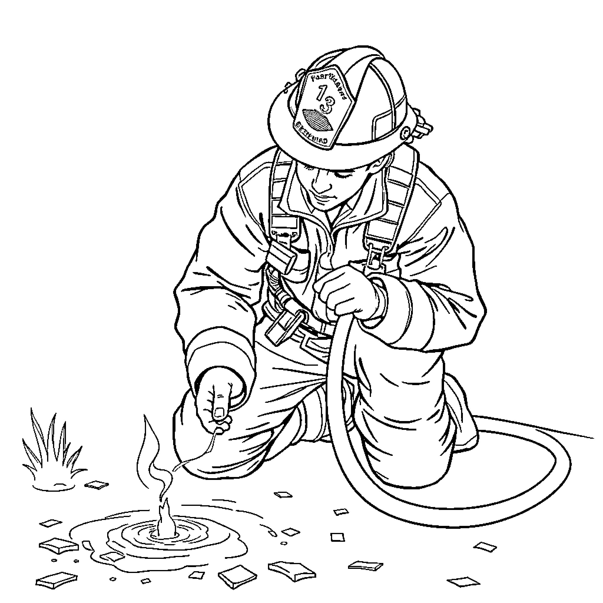 Firefighter Extinguishing a Small Fire Coloring Page (free black-and-white line drawing printable PDF for all, from beginners to advanced learners, including children, teens, adults, and seniors)