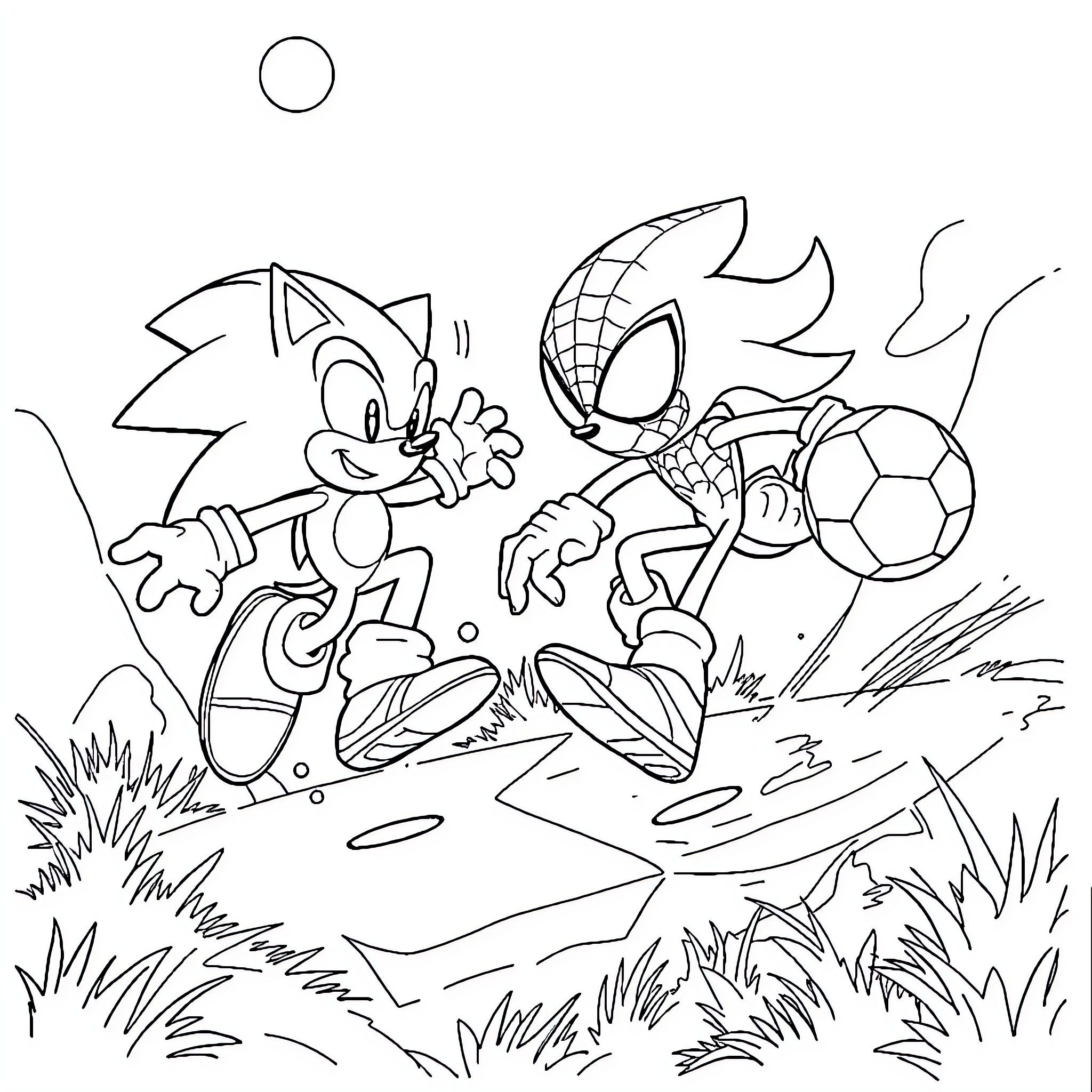 Sonic and Spider-Man Playing Soccer Outdoors Coloring Page (free black-and-white line drawing printable PDF for all, from beginners to advanced learners, including children, teens, adults, and seniors)