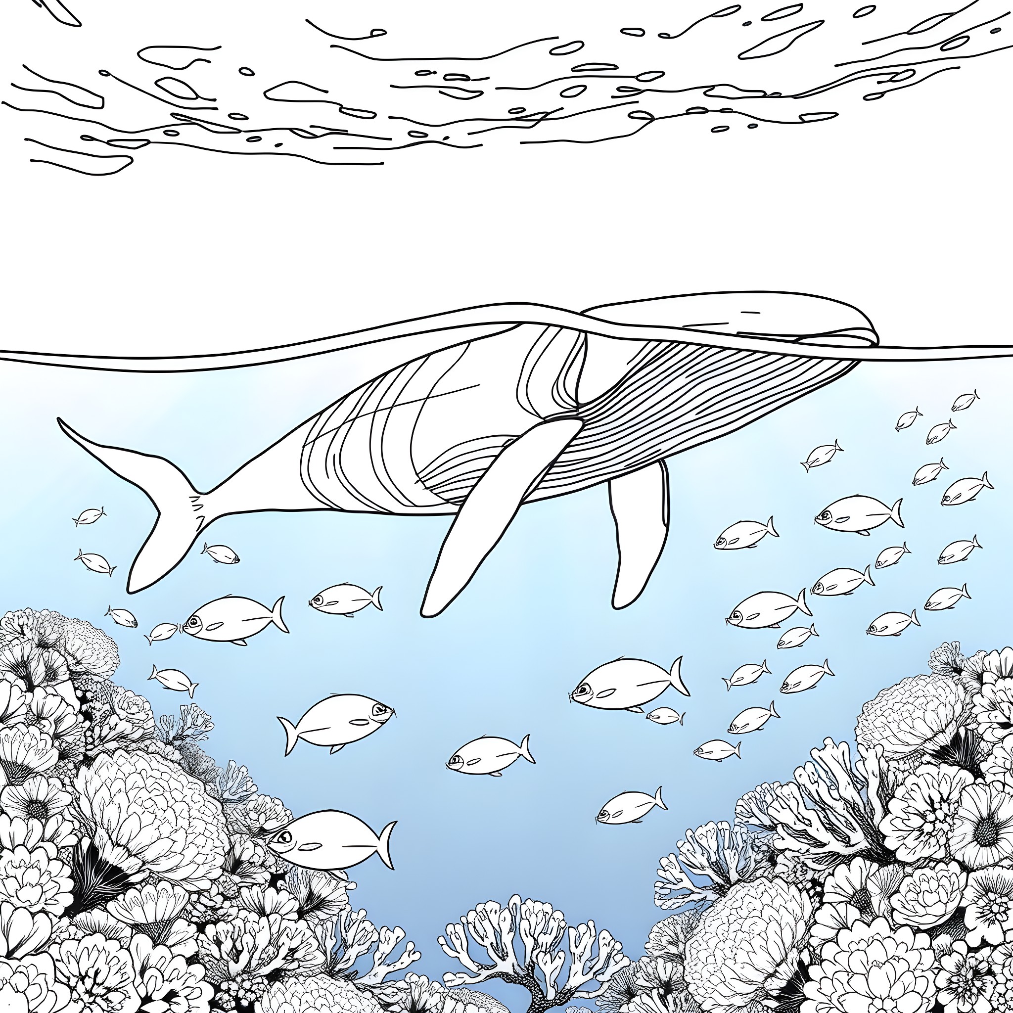 Whale swimming gracefully through the underwater coral reef Coloring Page (free black-and-white line drawing printable PDF for all, from beginners to advanced learners, including children, teens, adults, and seniors)