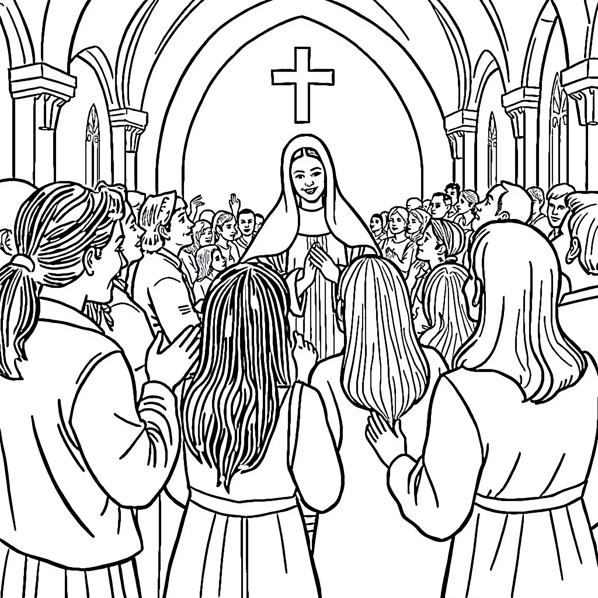 Mary Mackillop leading a crowd in a religious ceremony Coloring Page (free black-and-white line drawing printable PDF for all, from beginners to advanced learners, including children, teens, adults, and seniors)