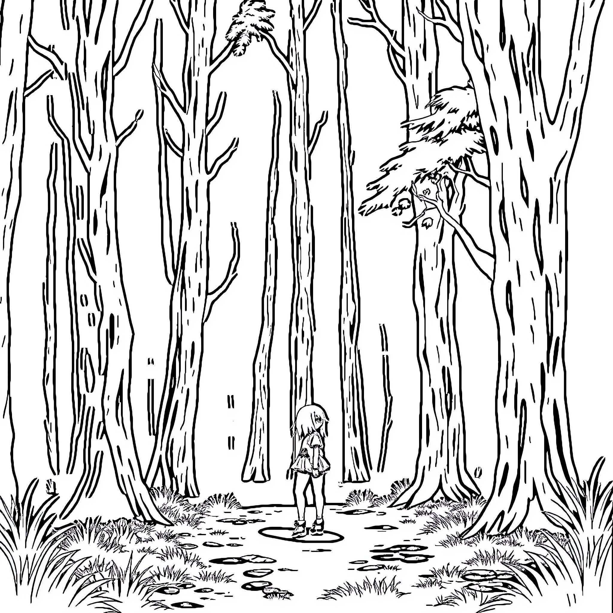 Girl explores mysterious forest scene Coloring Page (free black-and-white line drawing printable PDF for all, from beginners to advanced learners, including children, teens, adults, and seniors)