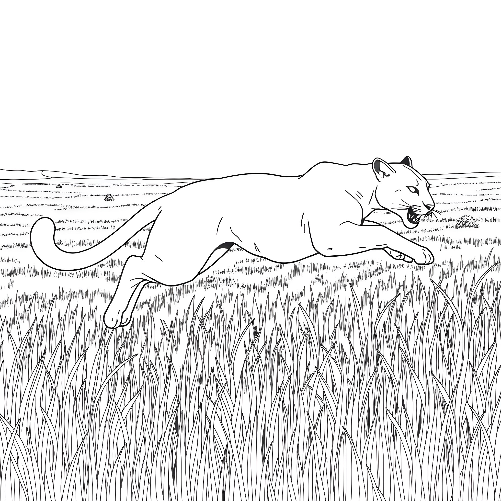 Cougar prowling through tall grass Coloring Page (free black-and-white line drawing printable PDF for all, from beginners to advanced learners, including children, teens, adults, and seniors)