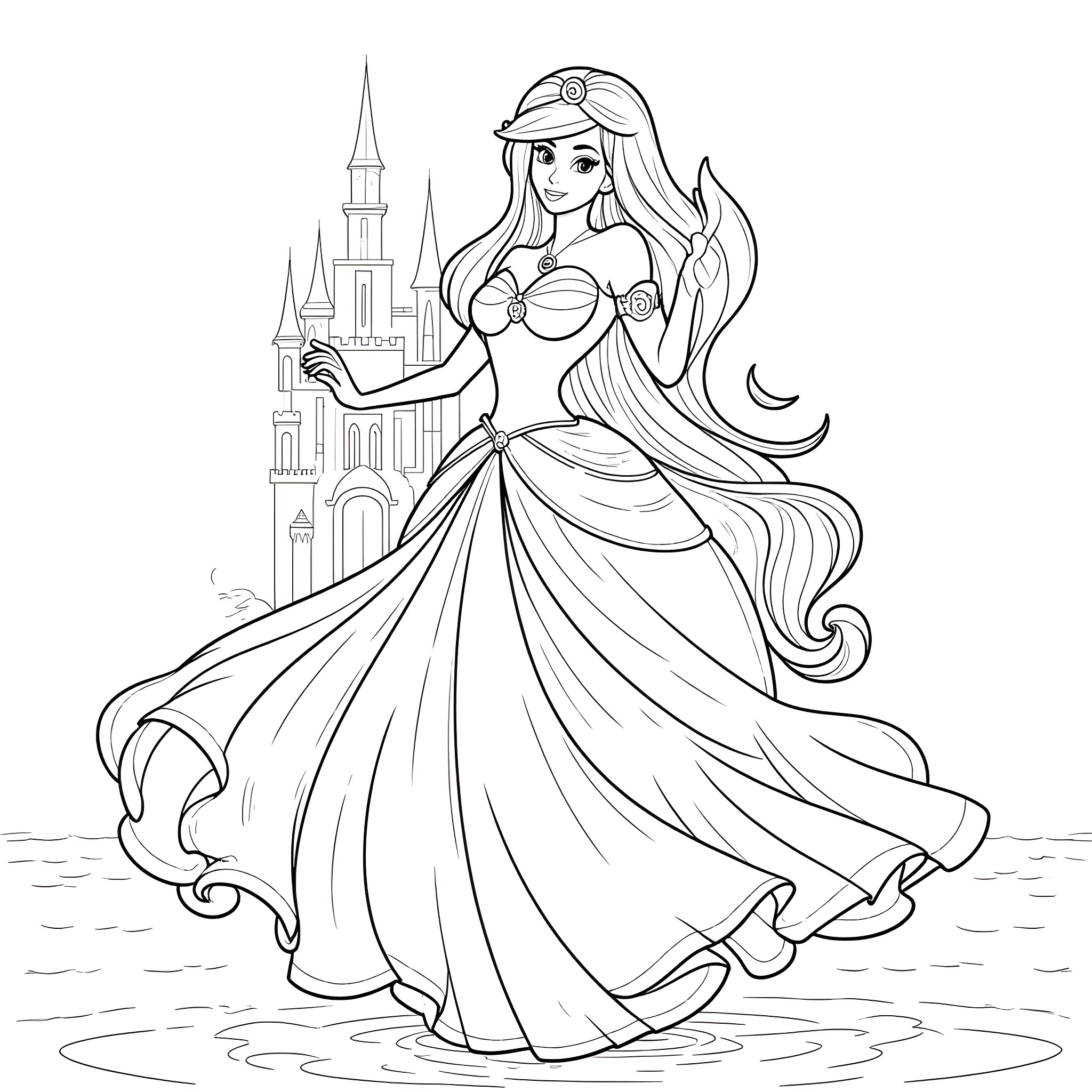 Princess in a Flowing Gown before a Majestic Castle Coloring Page (free black-and-white line drawing printable PDF for all, from beginners to advanced learners, including children, teens, adults, and seniors)