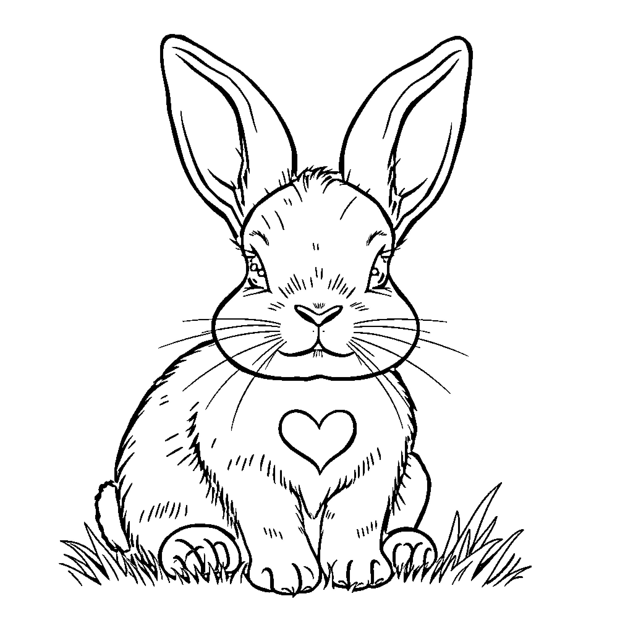 Rabbit sitting on grass with heart-shaped marking Coloring Page (free black-and-white line drawing printable PDF for all, from beginners to advanced learners, including children, teens, adults, and seniors)