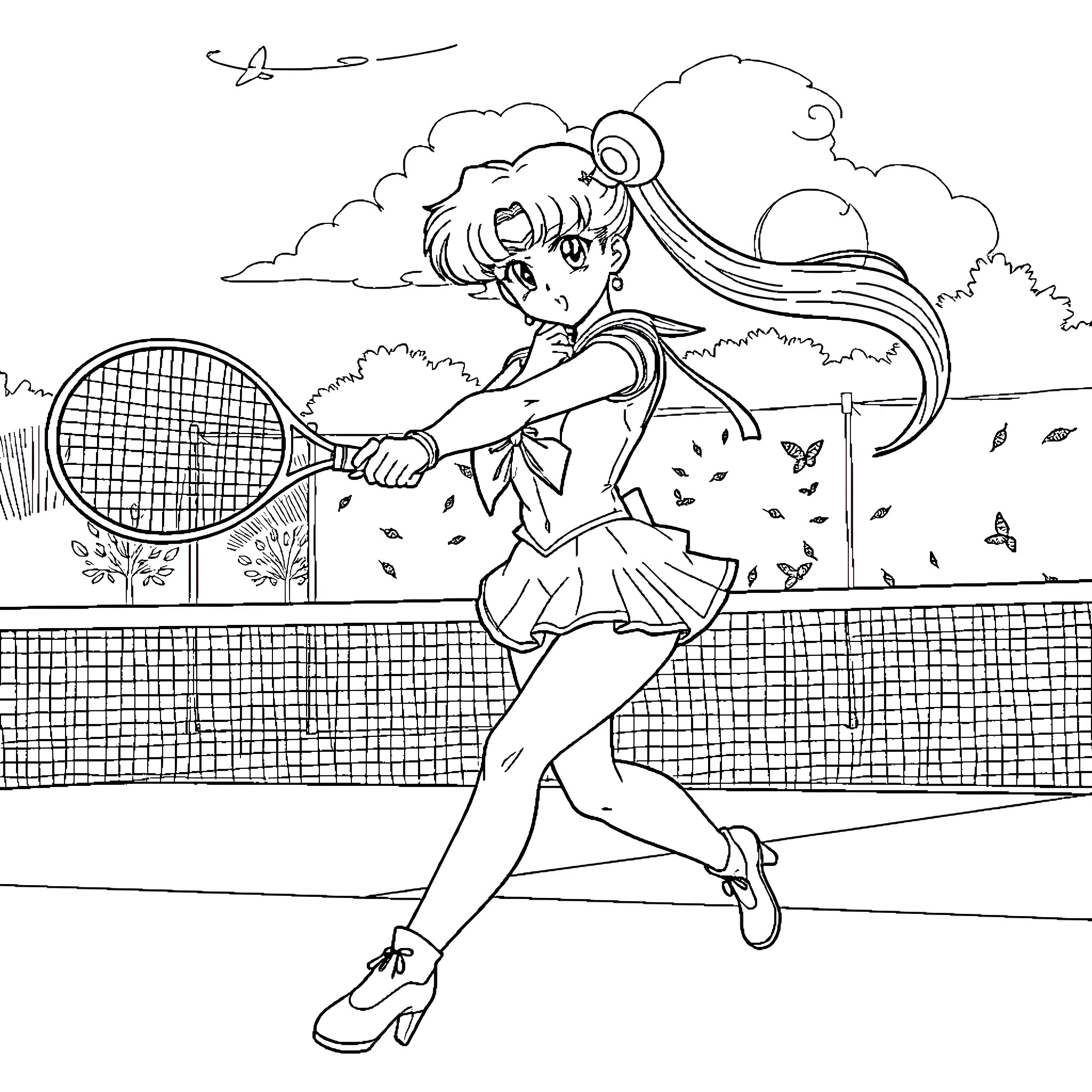 Sailor Moon playing tennis on the court Coloring Page (free black-and-white line drawing printable PDF for all, from beginners to advanced learners, including children, teens, adults, and seniors)