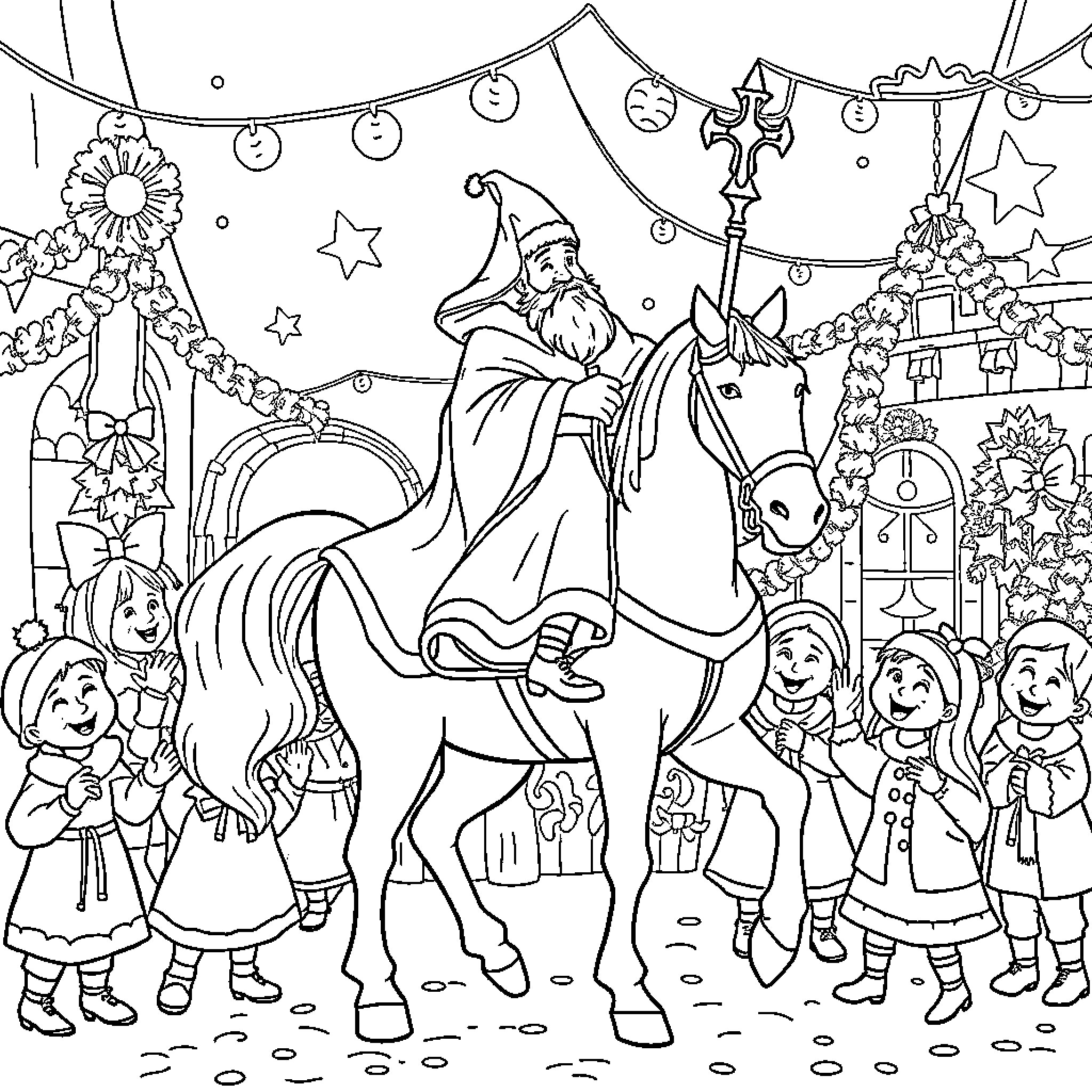 Sinterklaas and his helpers celebrating with a parade Coloring Page (free black-and-white line drawing printable PDF for all, from beginners to advanced learners, including children, teens, adults, and seniors)