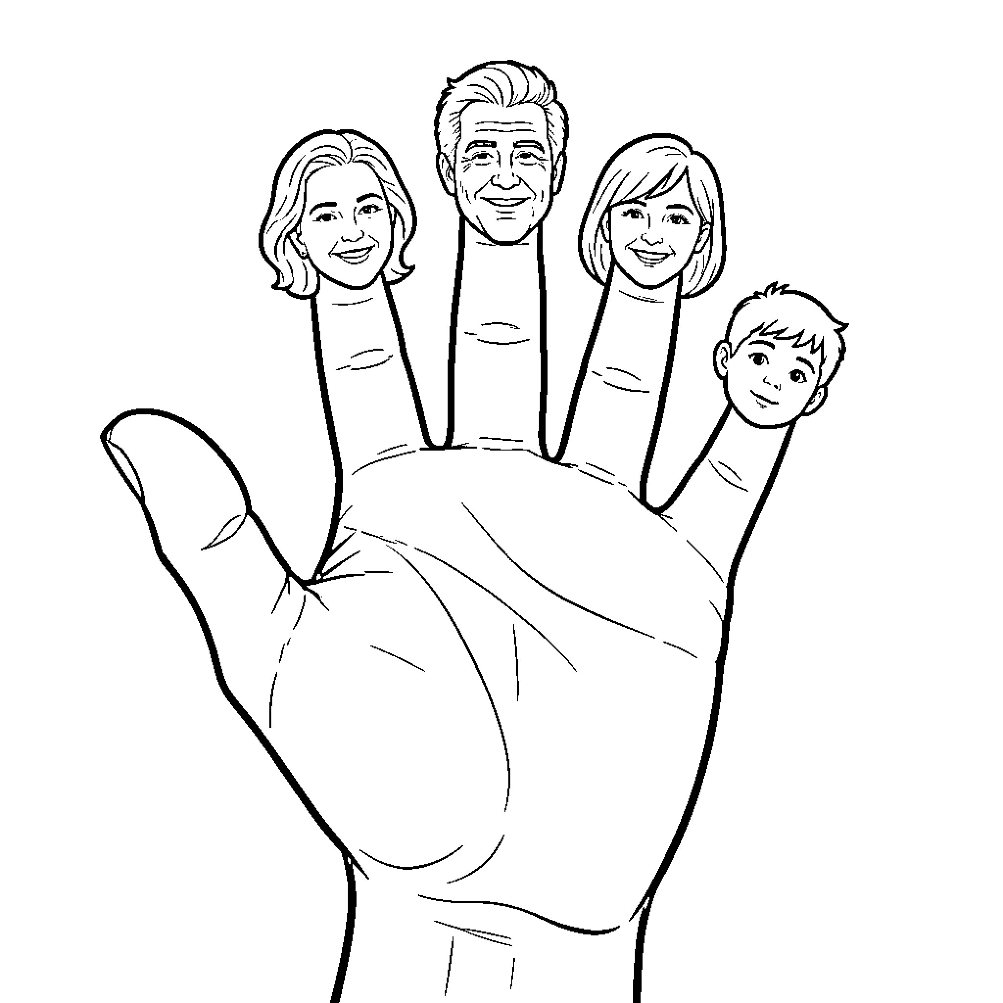 Hand Holding Cartoon Family Members Coloring Page (free black-and-white line drawing printable PDF for all, from beginners to advanced learners, including children, teens, adults, and seniors)
