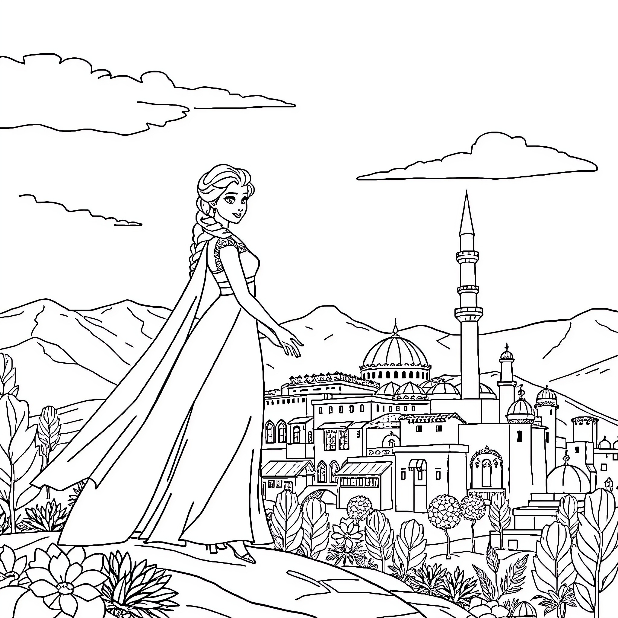 Elsa admiring the scenic castle and landscape Coloring Page (free black-and-white line drawing printable PDF for all, from beginners to advanced learners, including children, teens, adults, and seniors)