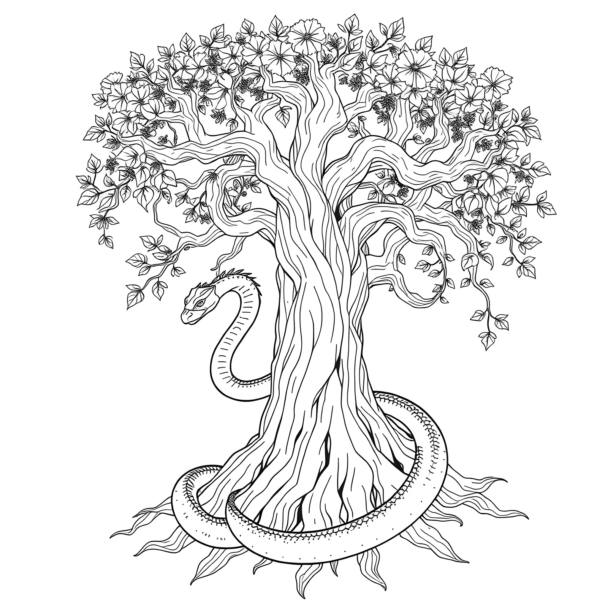 Uktena, the Mythical Serpent-Tree of Flowers Coloring Page (free black-and-white line drawing printable PDF for all, from beginners to advanced learners, including children, teens, adults, and seniors)