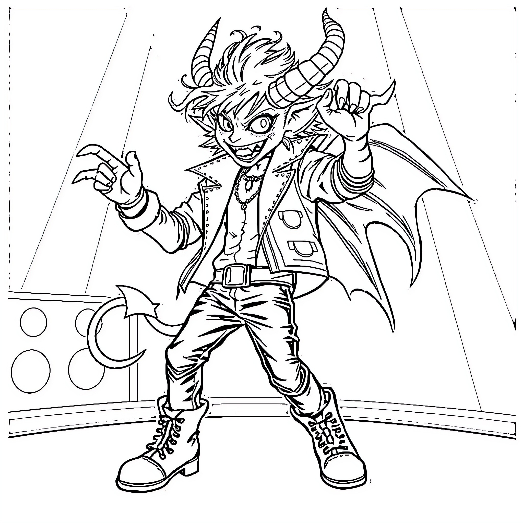 Demon Protagonist in Dramatic Pose Coloring Page (free black-and-white line drawing printable PDF for all, from beginners to advanced learners, including children, teens, adults, and seniors)